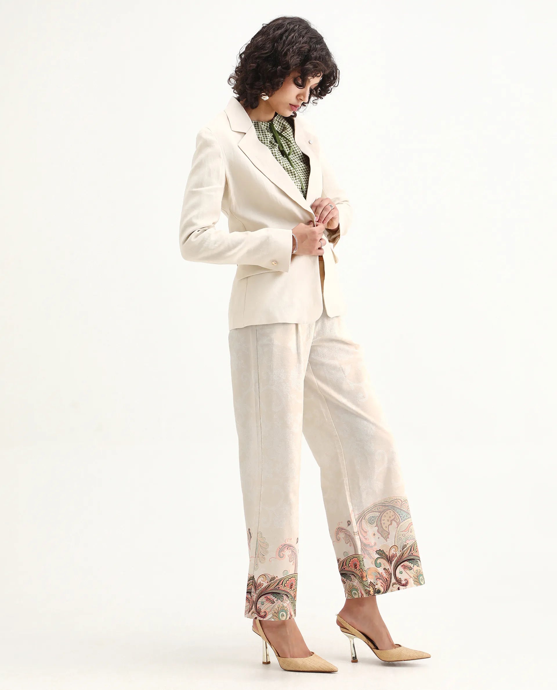 Rareism Women's Roniv B Beige Cotton Paisley Print Ankle Length Wide Trouser