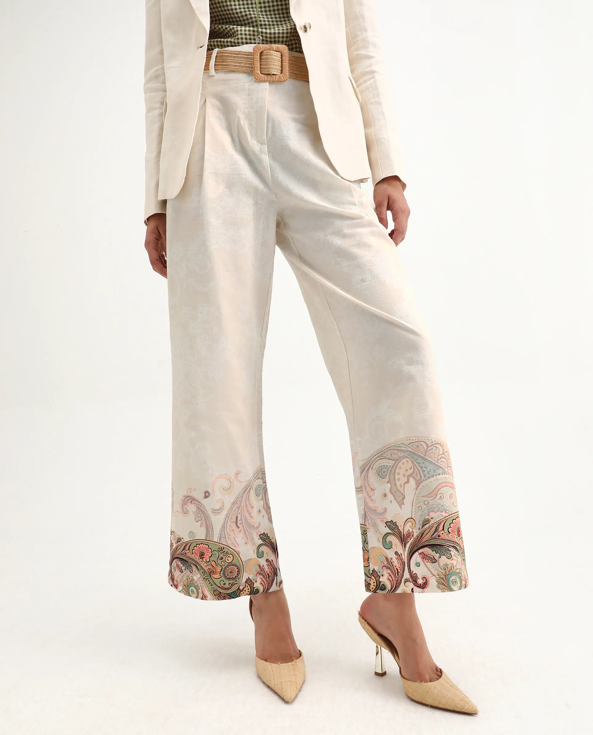 Rareism Women's Roniv B Beige Cotton Paisley Print Ankle Length Wide Trouser