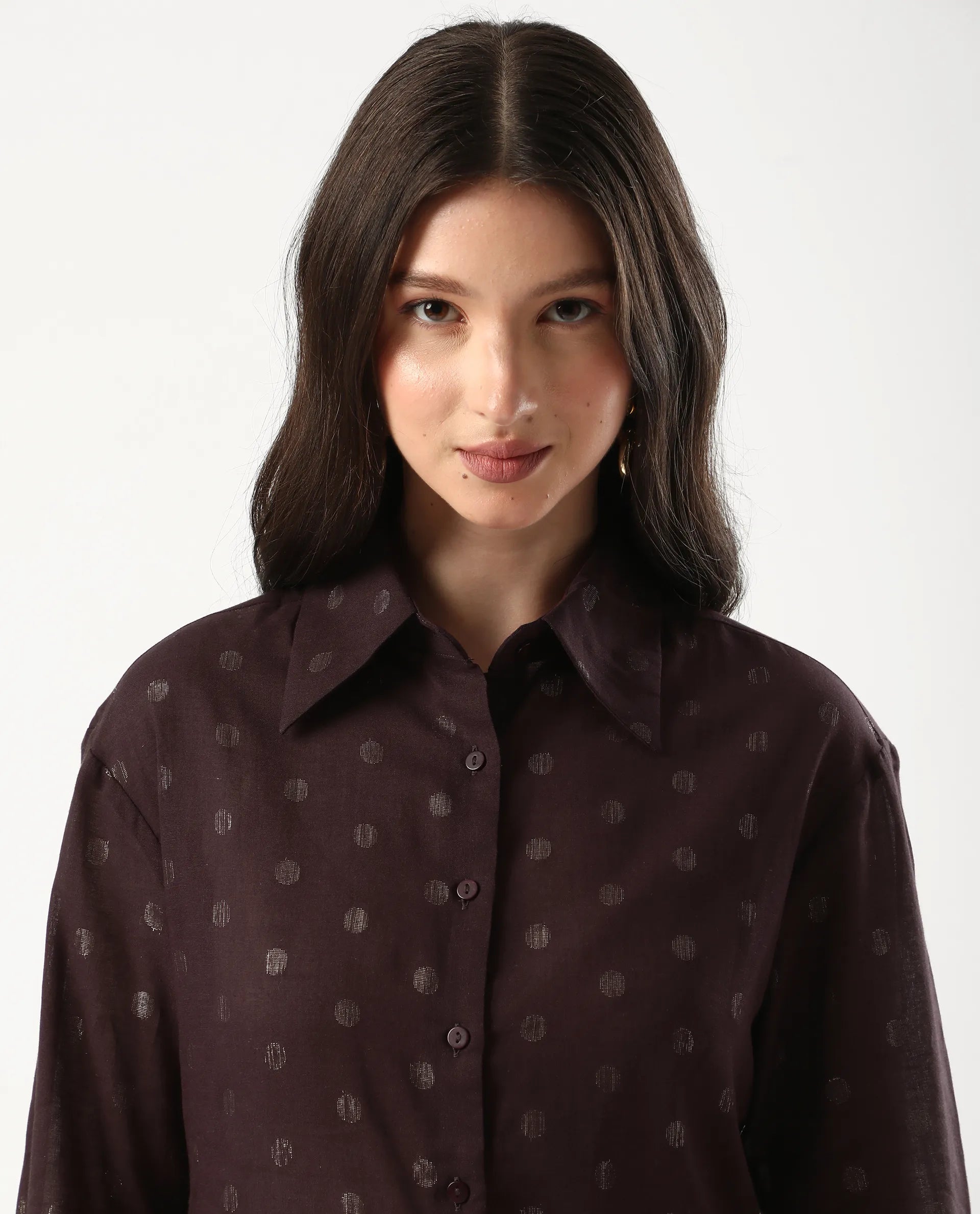 Rareism Women's Ronjaz Dusky Brown Cotton Collared Plain Cuffed Sleeve Regular Fit Shirt