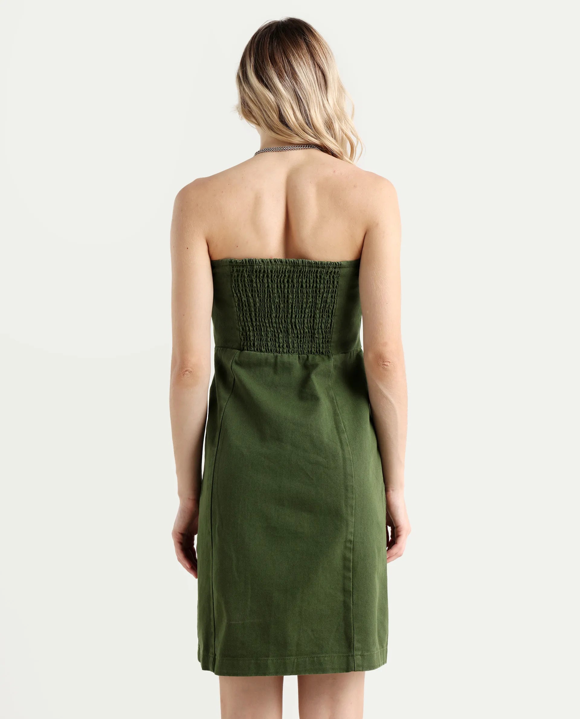 Rareism Women's Ronobia Olive Cotton Blend Tube Neck Plain Sleeveless Knee Length Bodycon Dress