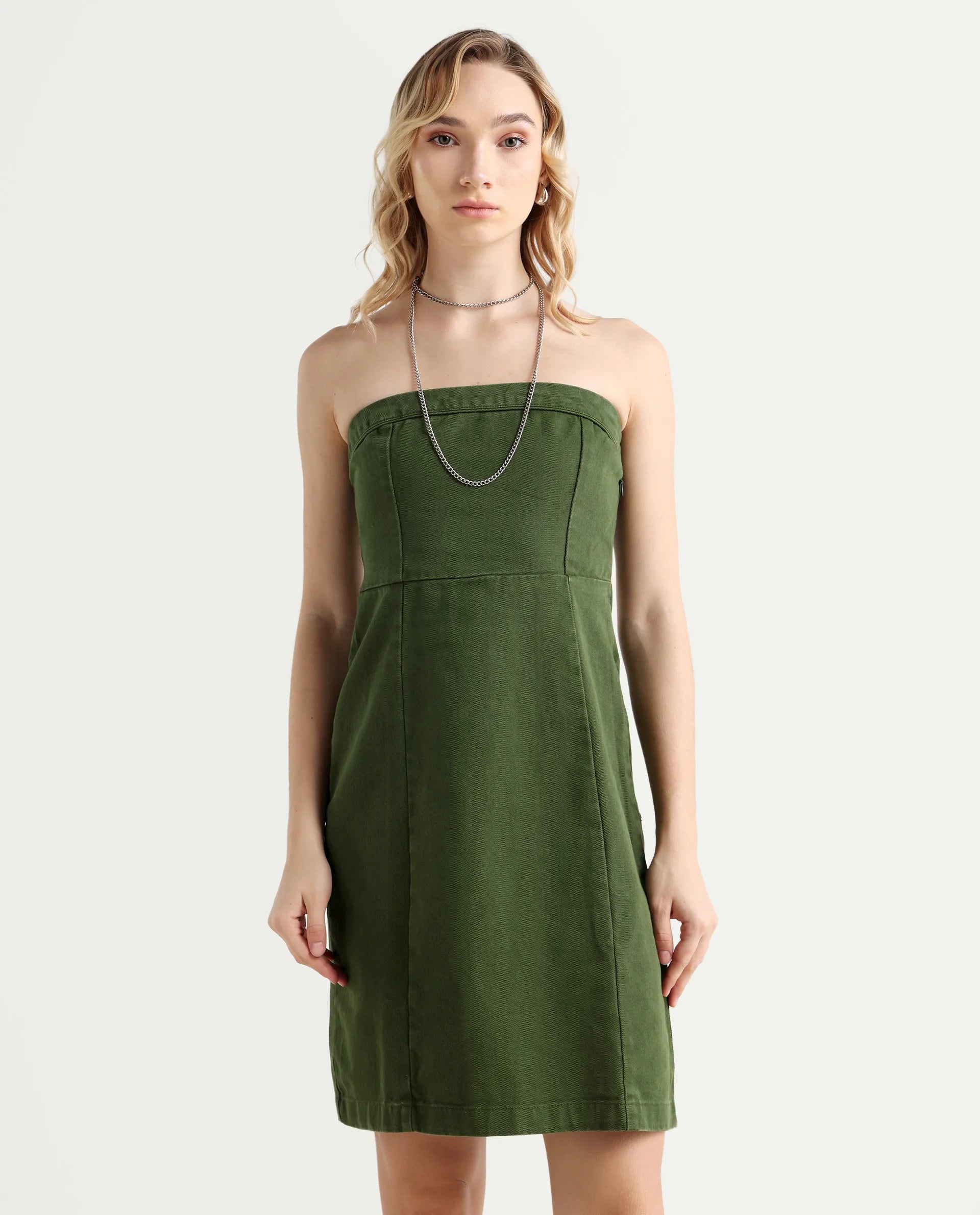 Rareism Women's Ronobia Olive Cotton Blend Tube Neck Plain Sleeveless Knee Length Bodycon Dress