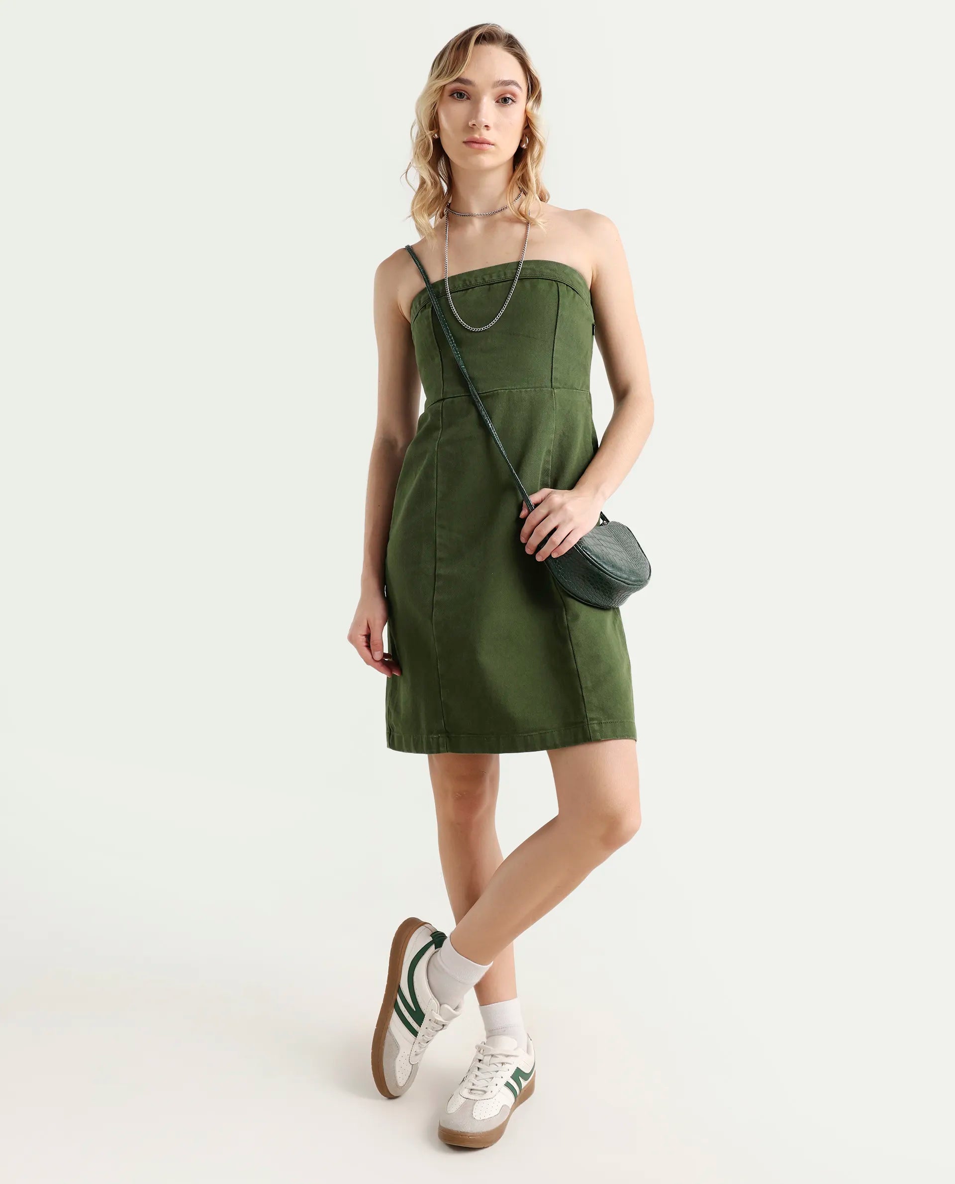 Rareism Women's Ronobia Olive Cotton Blend Tube Neck Plain Sleeveless Knee Length Bodycon Dress