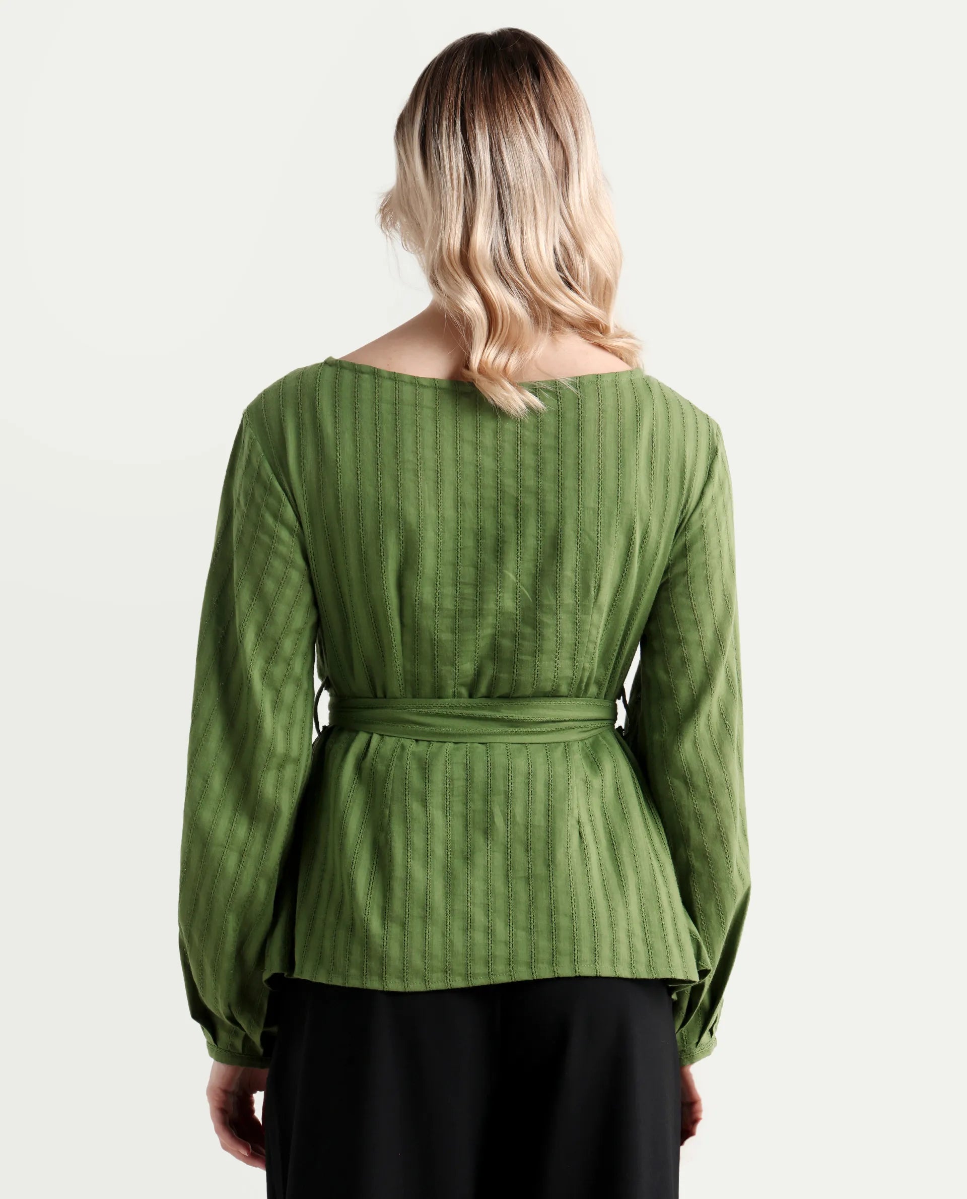 Rareism Women's Rono Green Cotton Boat Neck Plain Cuffed Sleeve Regular Fit Top