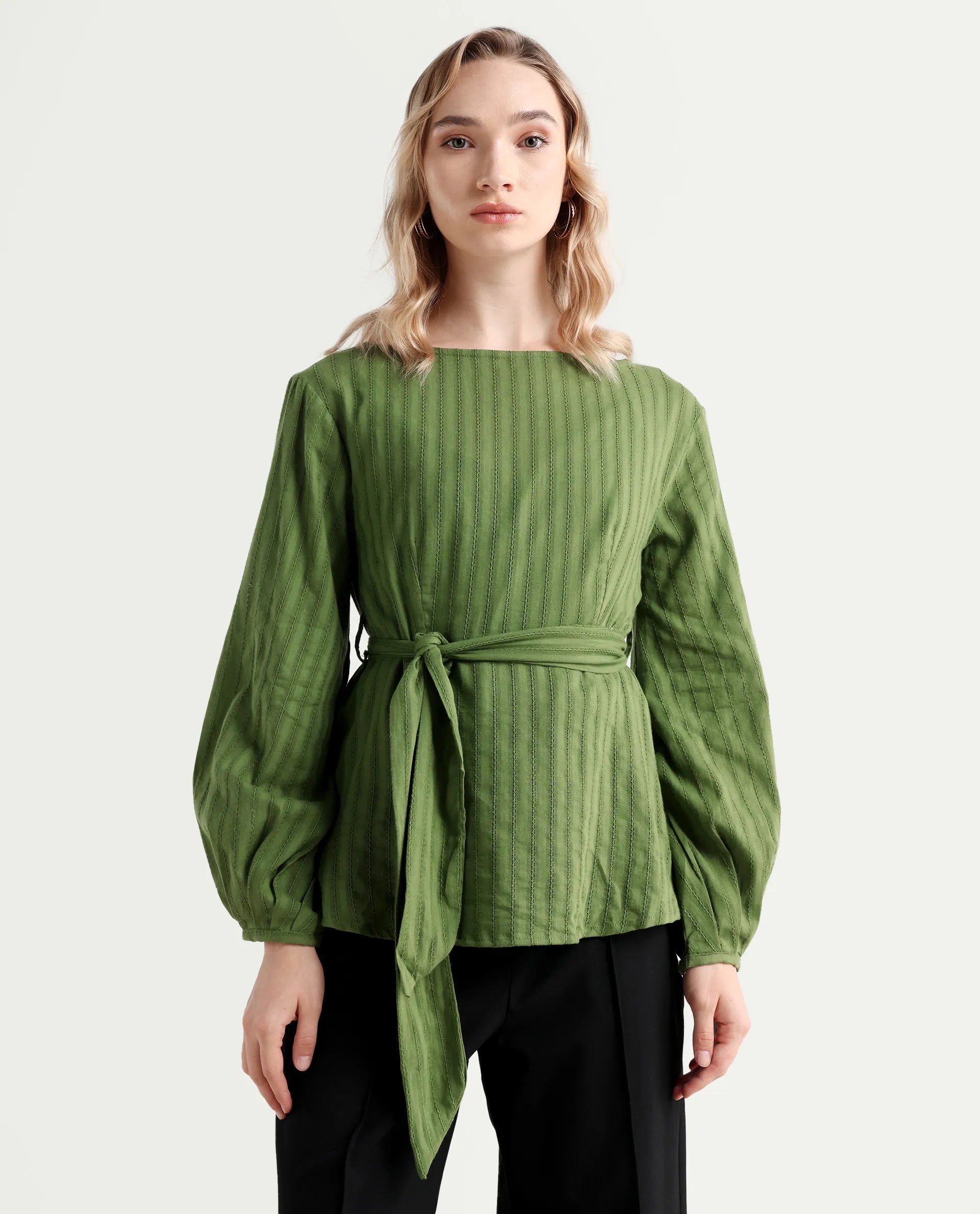 Rareism Women's Rono Green Cotton Boat Neck Plain Cuffed Sleeve Regular Fit Top