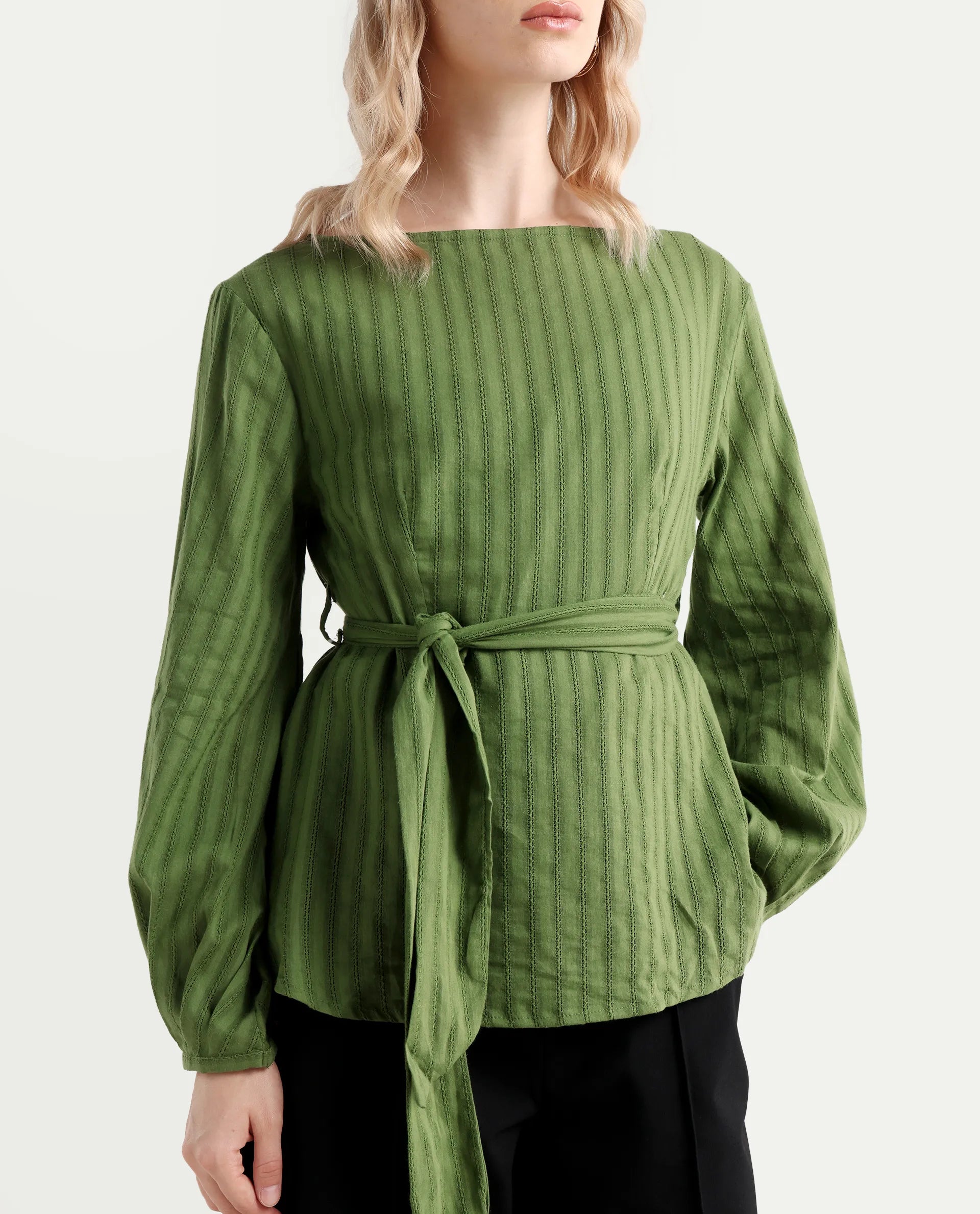 Rareism Women's Rono Green Cotton Boat Neck Plain Cuffed Sleeve Regular Fit Top