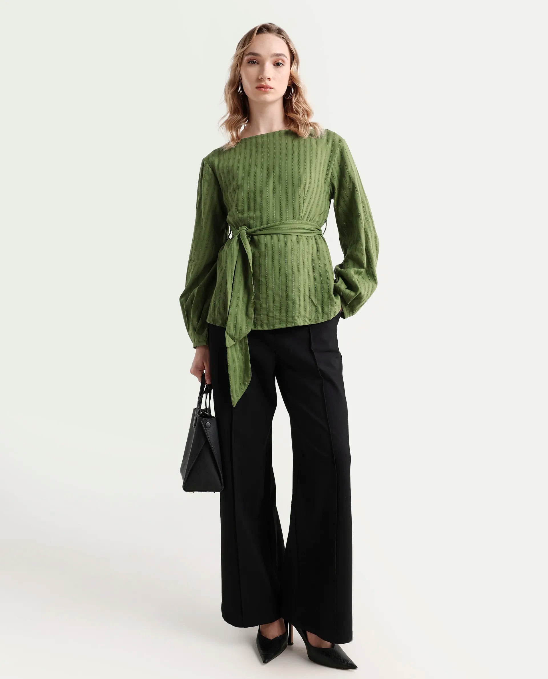 Rareism Women's Rono Green Cotton Boat Neck Plain Cuffed Sleeve Regular Fit Top
