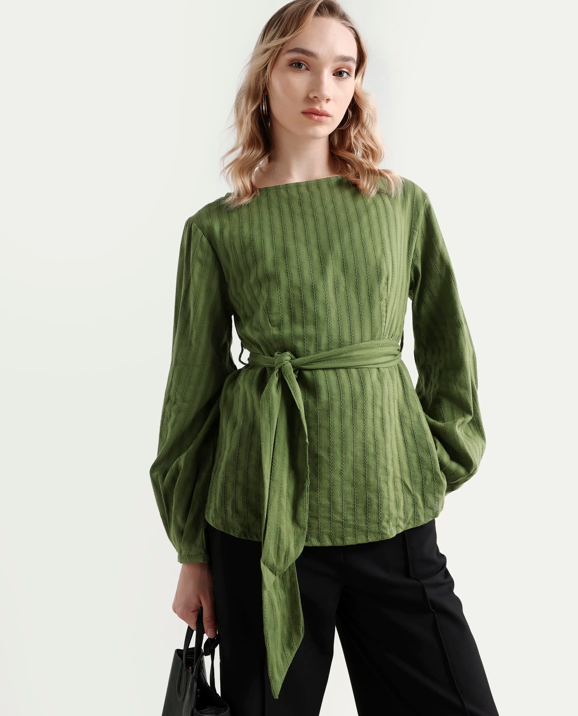 Rareism Women's Rono Green Cotton Boat Neck Plain Cuffed Sleeve Regular Fit Top