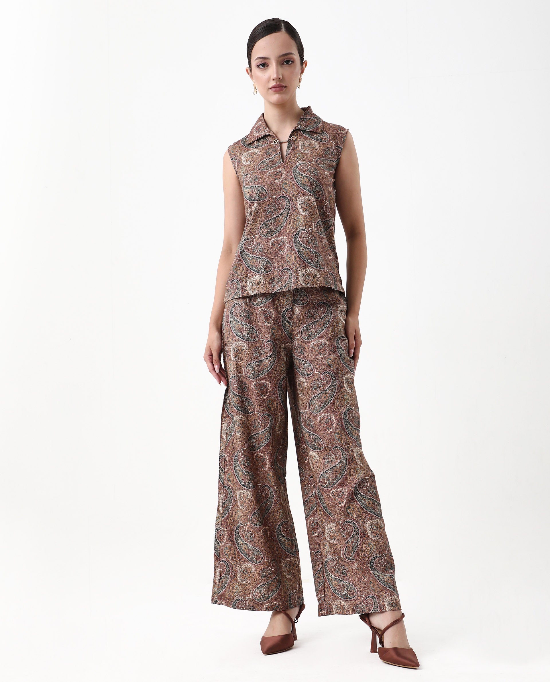 Rareism Women's Ronoro-B Multi Cotton Paisley Print Ankle Length Wide Trouser