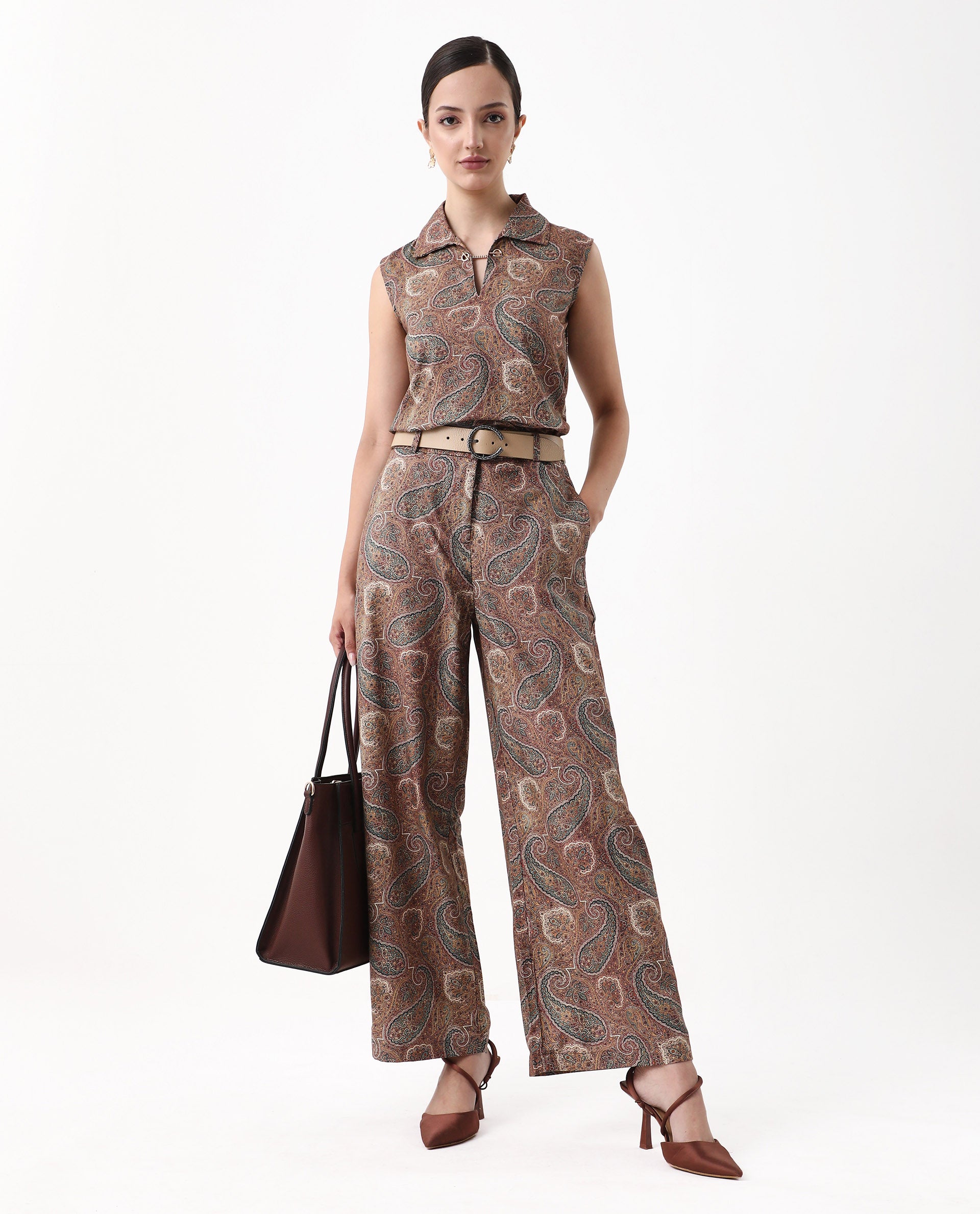 Rareism Women's Ronoro-B Multi Cotton Paisley Print Ankle Length Wide Trouser