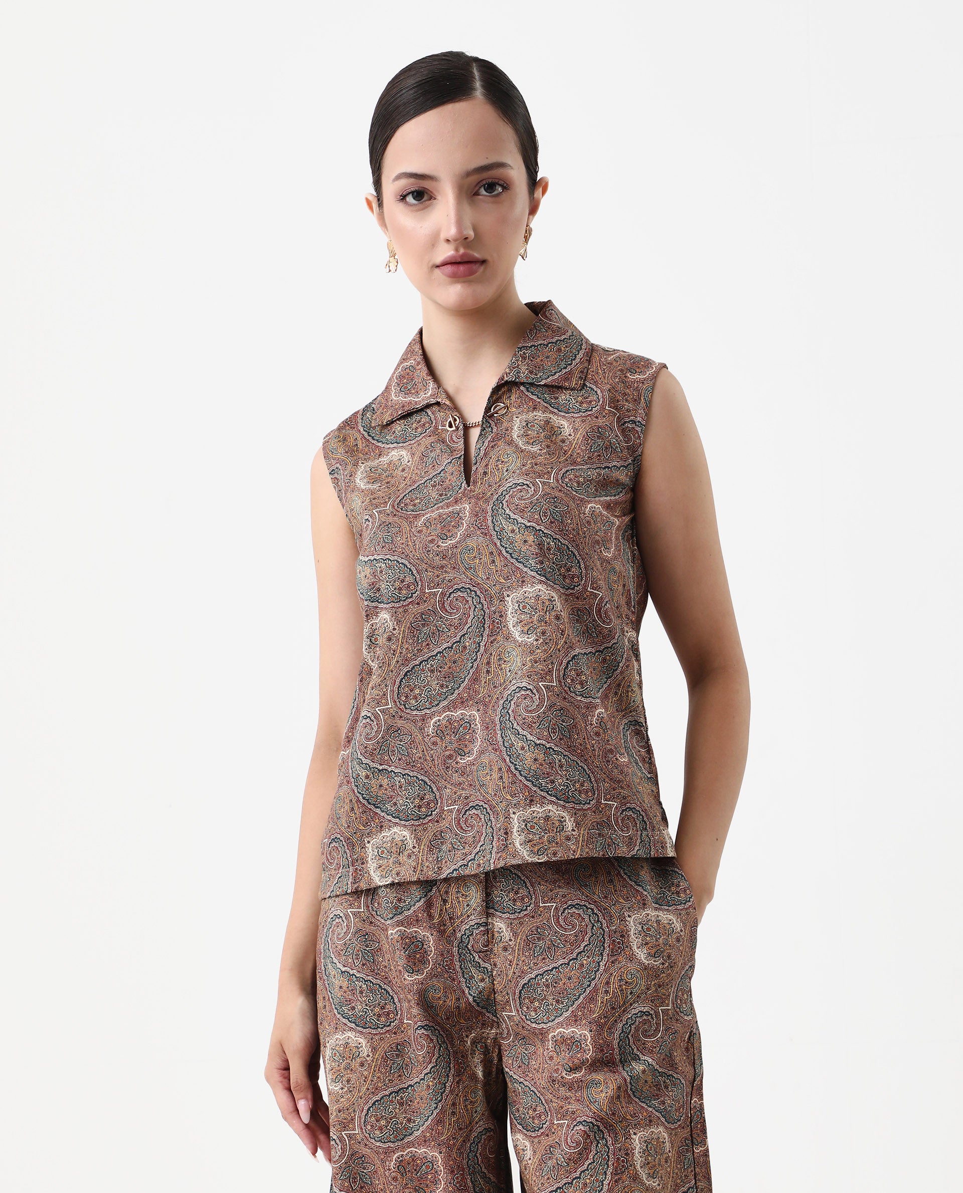 Rareism Women's Ronoro-T Multi Cotton Spread Collar Paisley Print Sleeveless Boxy Fit Top