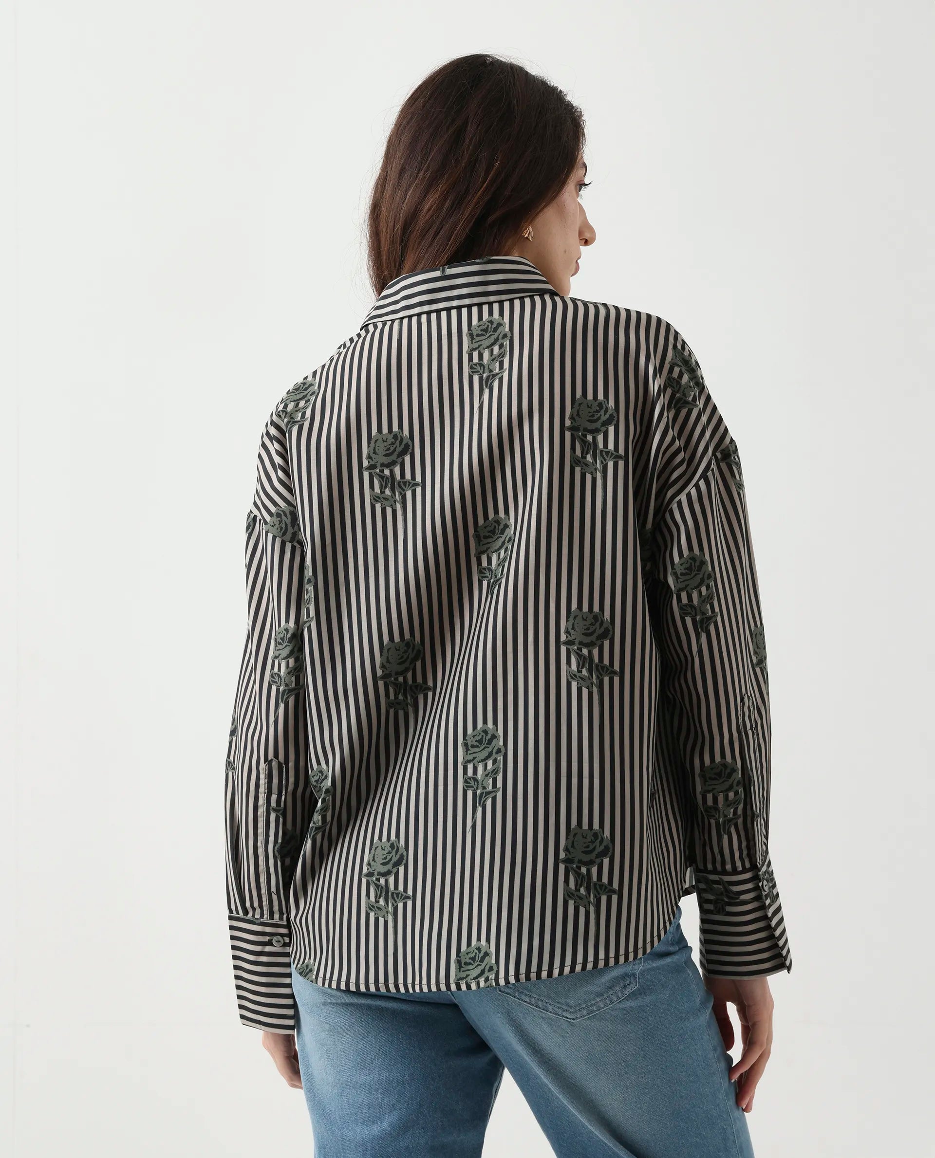 Rareism Women's Ronrayzo Dark Green Polyester Blend Spread Collar Striped Cuffed Sleeve Regular Fit Shirt