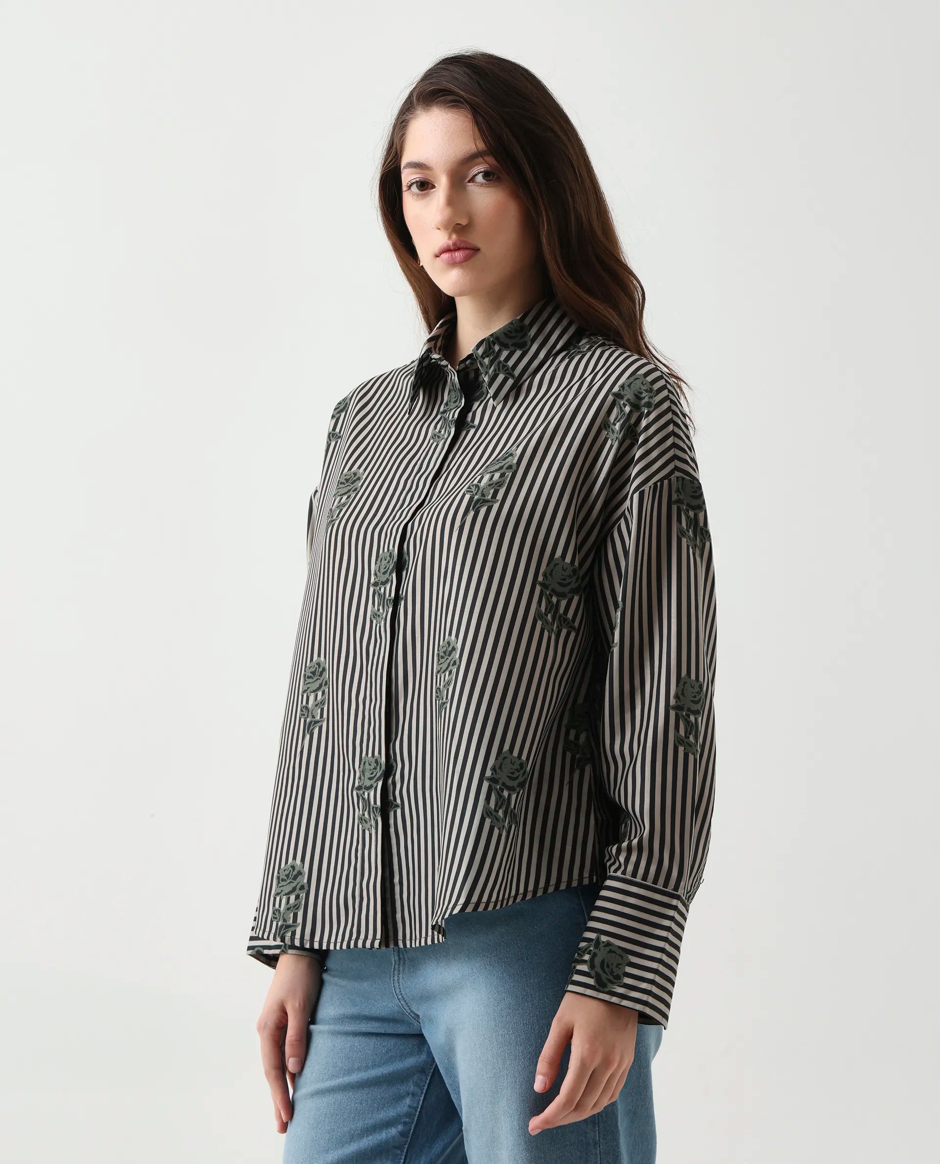 Rareism Women's Ronrayzo Dark Green Polyester Blend Spread Collar Striped Cuffed Sleeve Regular Fit Shirt