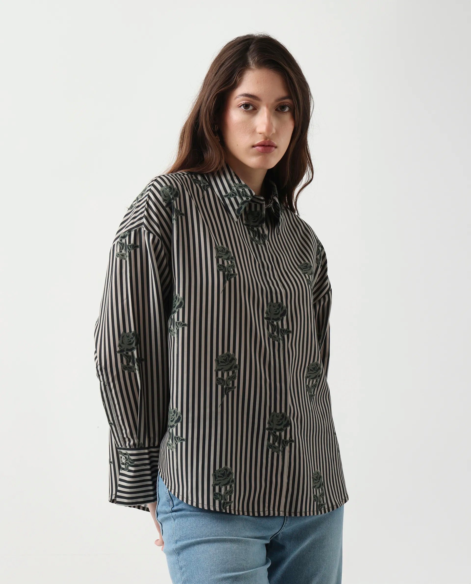 Rareism Women's Ronrayzo Dark Green Polyester Blend Spread Collar Striped Cuffed Sleeve Regular Fit Shirt