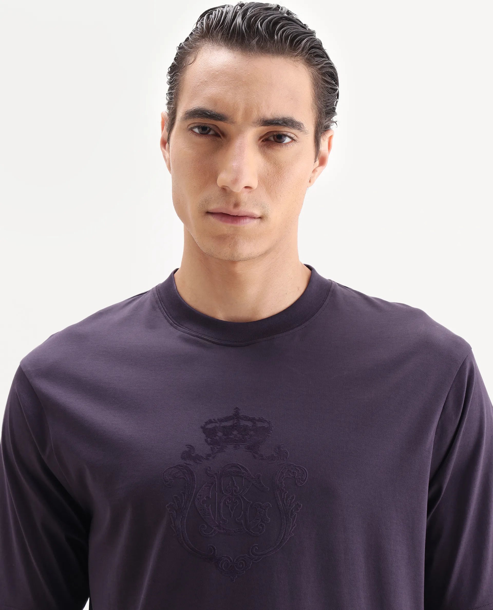 Rare Rabbit Men's Rora Dark Purple Cotton Fabric Half Sleeve Crew Neck Regular Fit Graphic Print T-Shirt