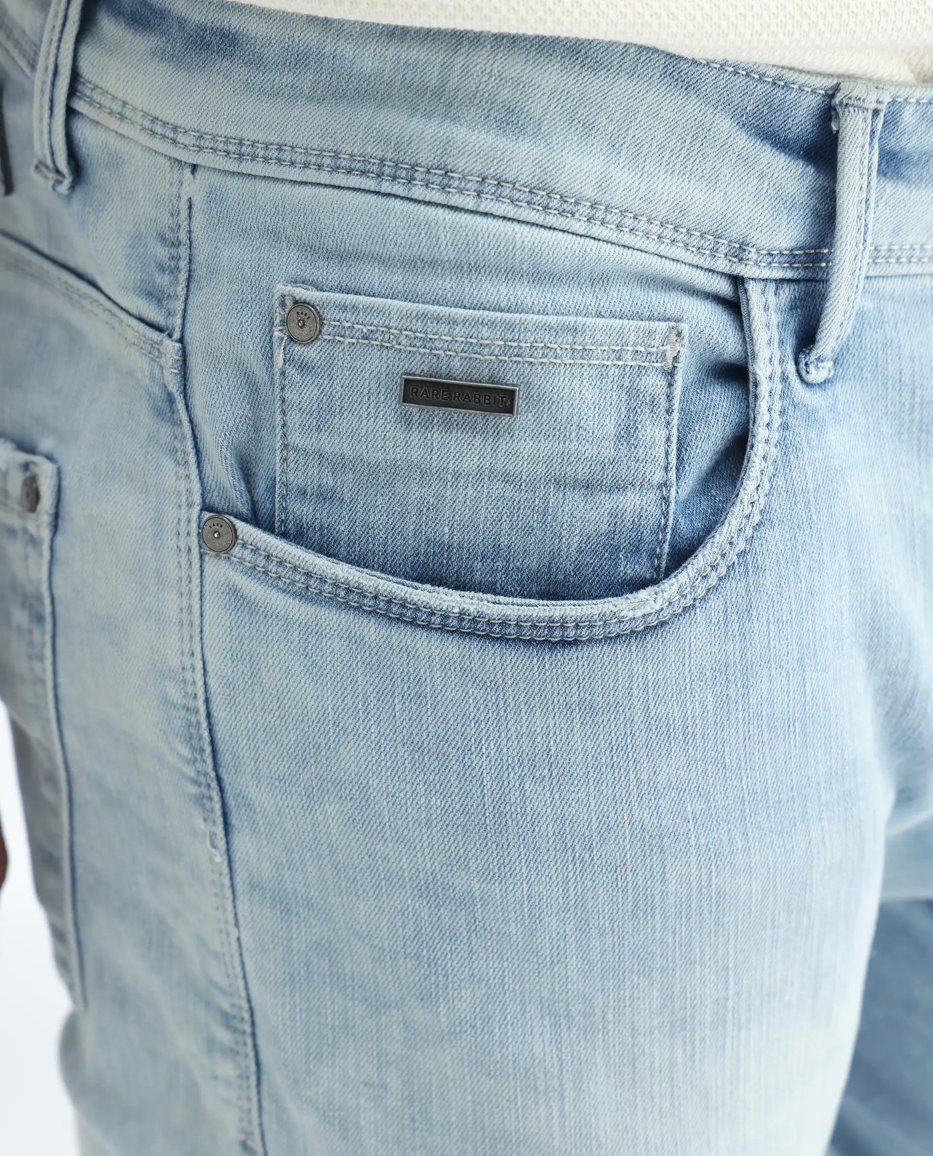 Rare Rabbit Men's Roune Light Blue Cotton Plain Hawk Slim Fit Jeans