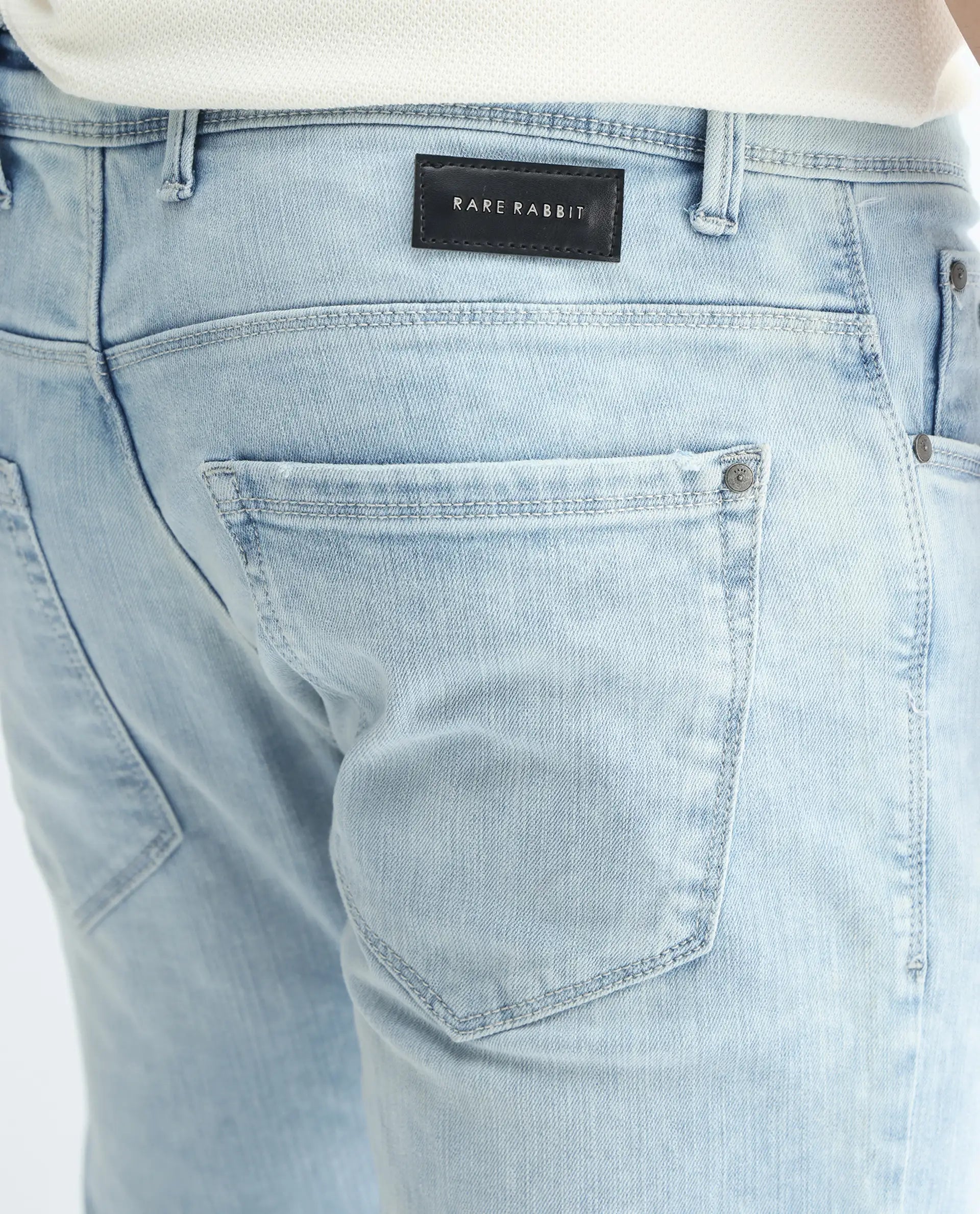 Rare Rabbit Men's Roune Light Blue Cotton Plain Hawk Slim Fit Jeans