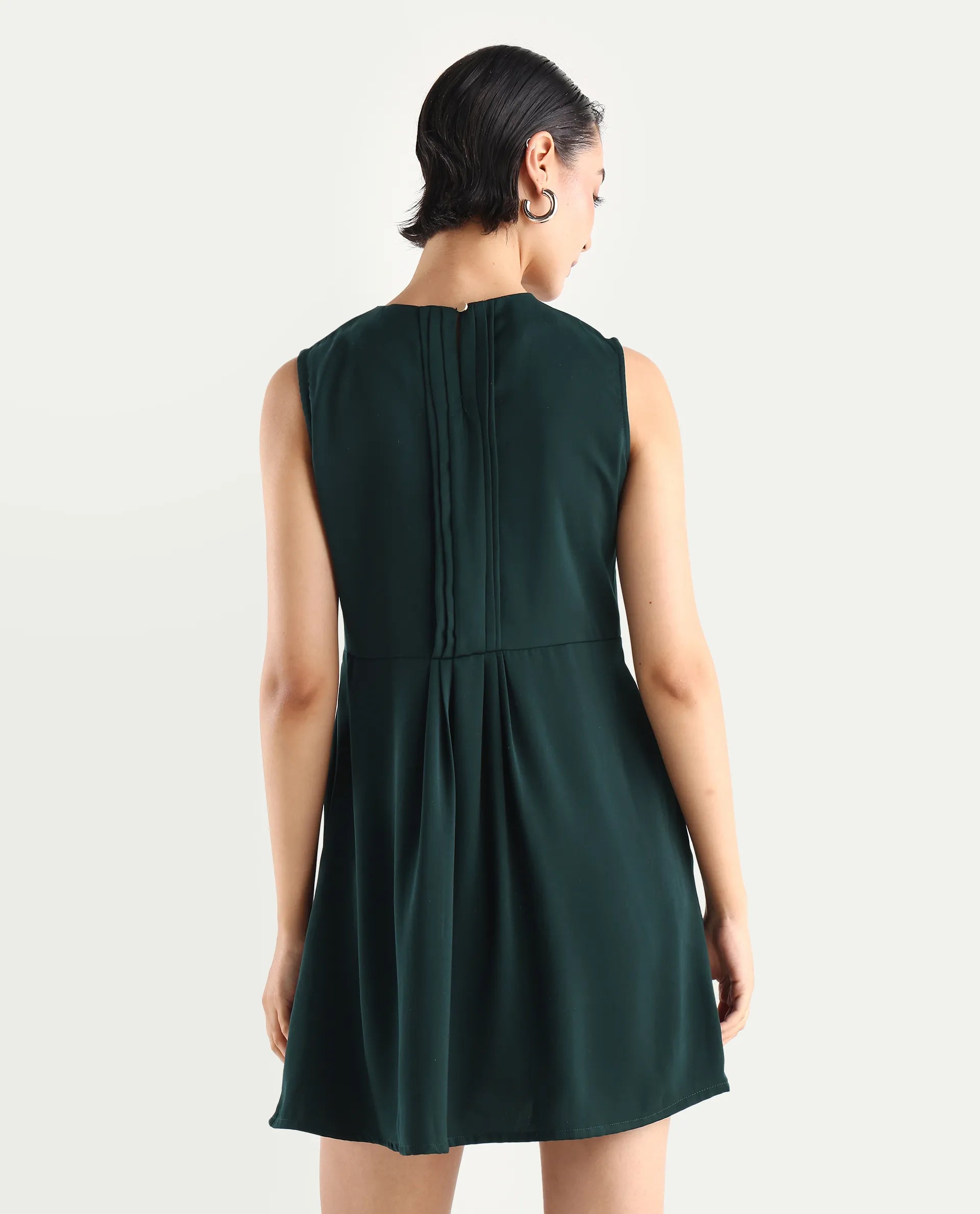 Rareism Women's Roux Olive Polyester Blend Crew Neck Plain Sleeveless Mini Fit And Flare Dress