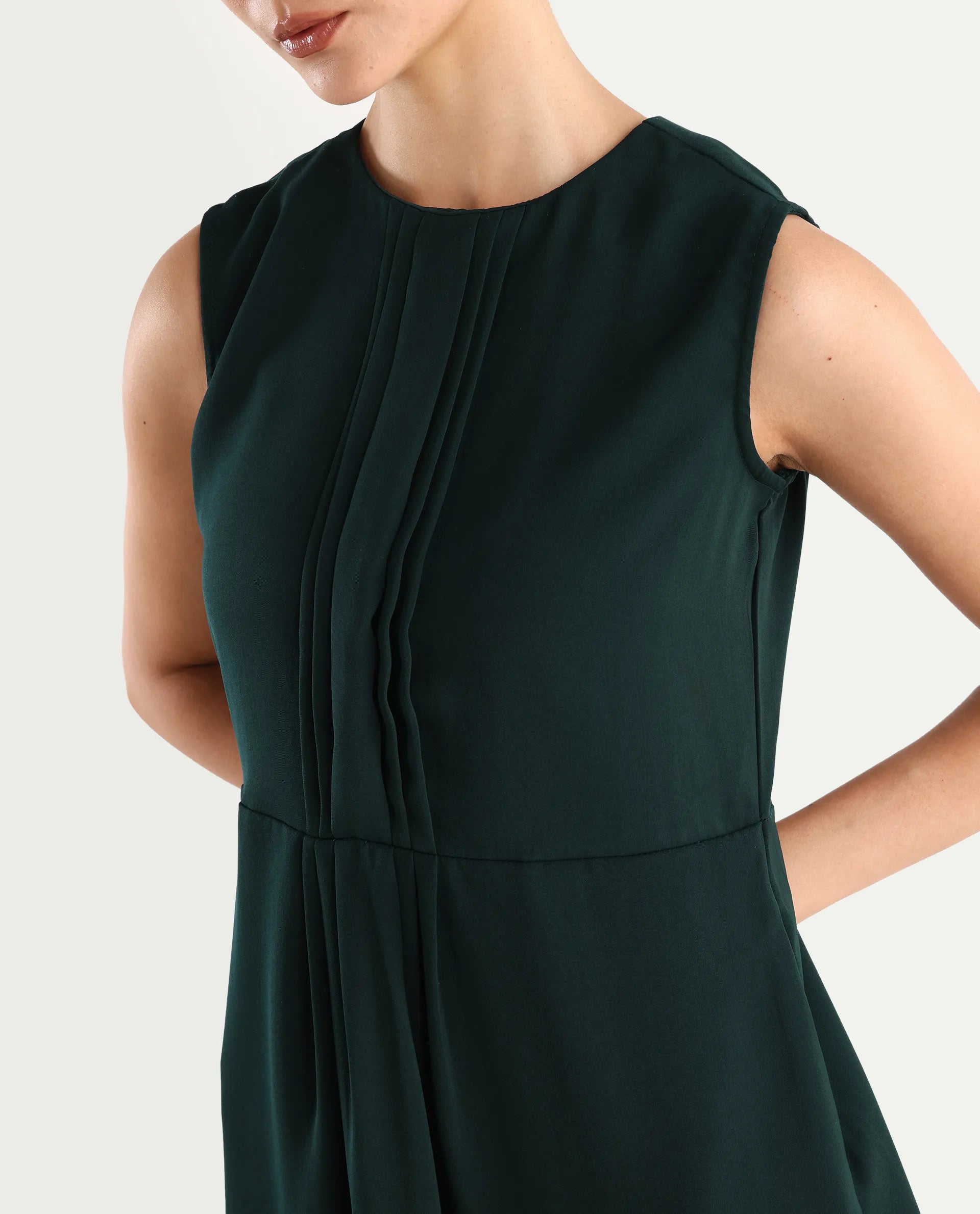 Rareism Women's Roux Olive Polyester Blend Crew Neck Plain Sleeveless Mini Fit And Flare Dress