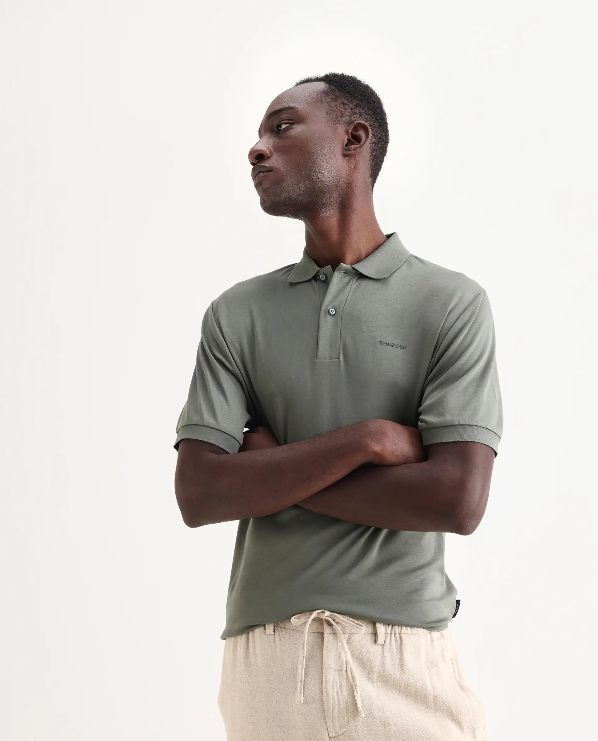Rare Rabbit Men's Row-25 Dusky Green Cotton Plain Regular Fit Half Sleeve Polo