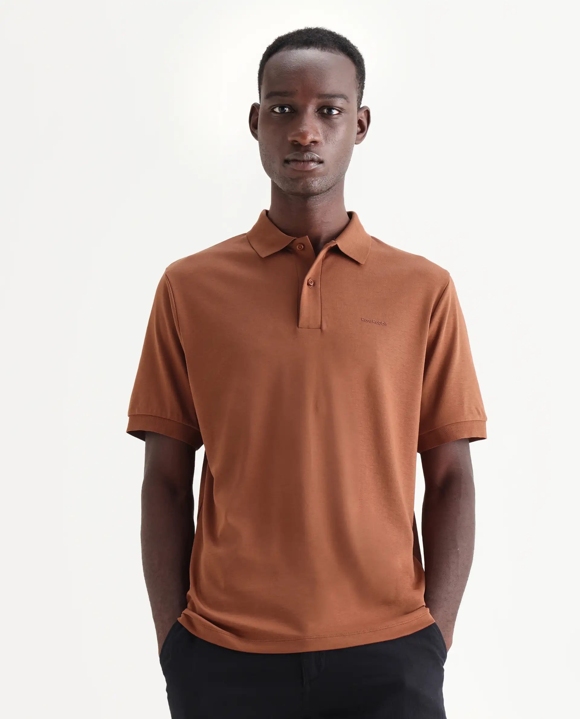 Rare Rabbit Men's Row-25 Rust Cotton Plain Regular Fit Half Sleeve Polo