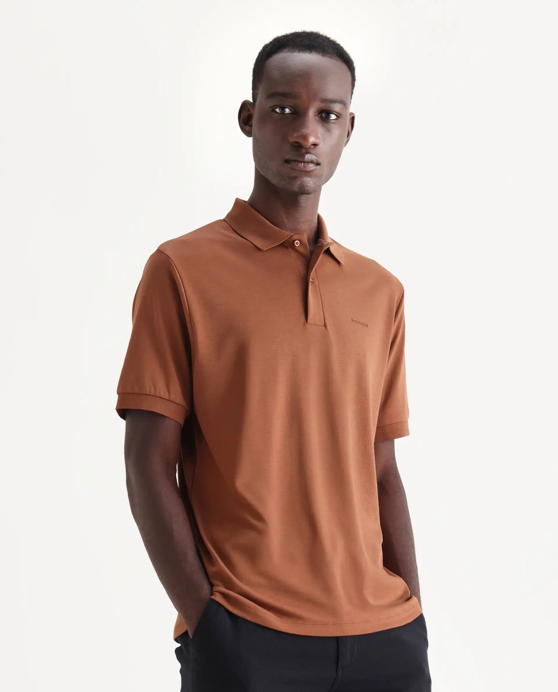 Rare Rabbit Men's Row-25 Rust Cotton Plain Regular Fit Half Sleeve Polo