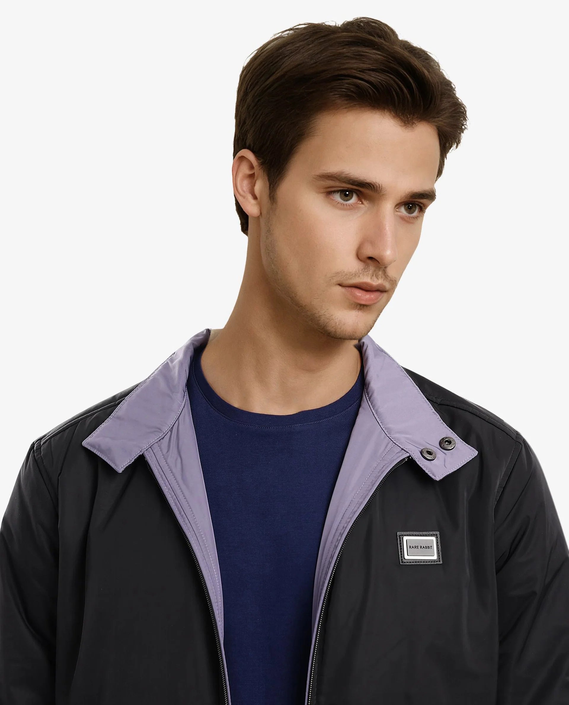 Rare Rabbit Men Royban-2 Black Polyester Fabric Full Sleeve High Neck Zipper Closure Plain Reversible Jacket