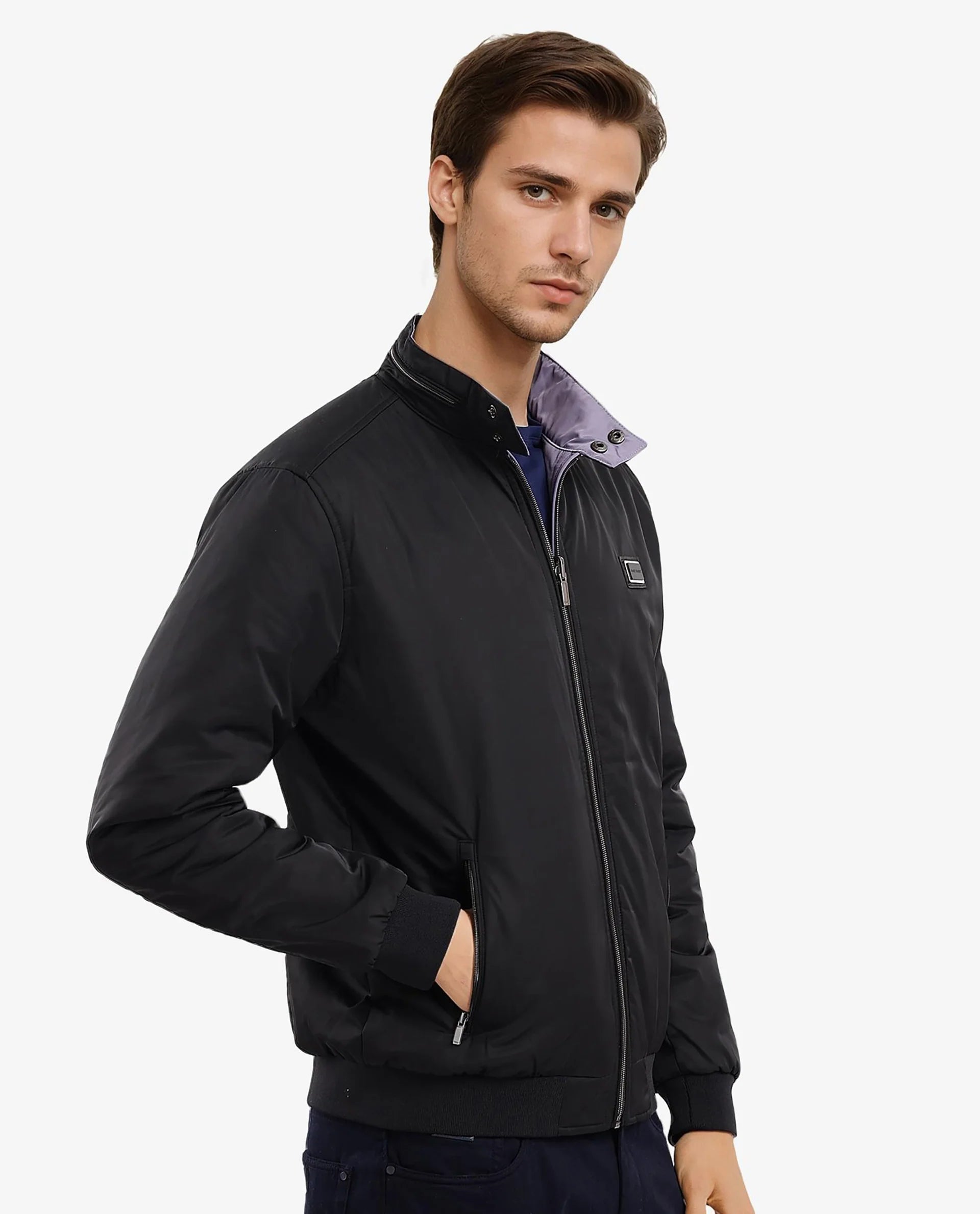 Rare Rabbit Men Royban-2 Black Polyester Fabric Full Sleeve High Neck Zipper Closure Plain Reversible Jacket