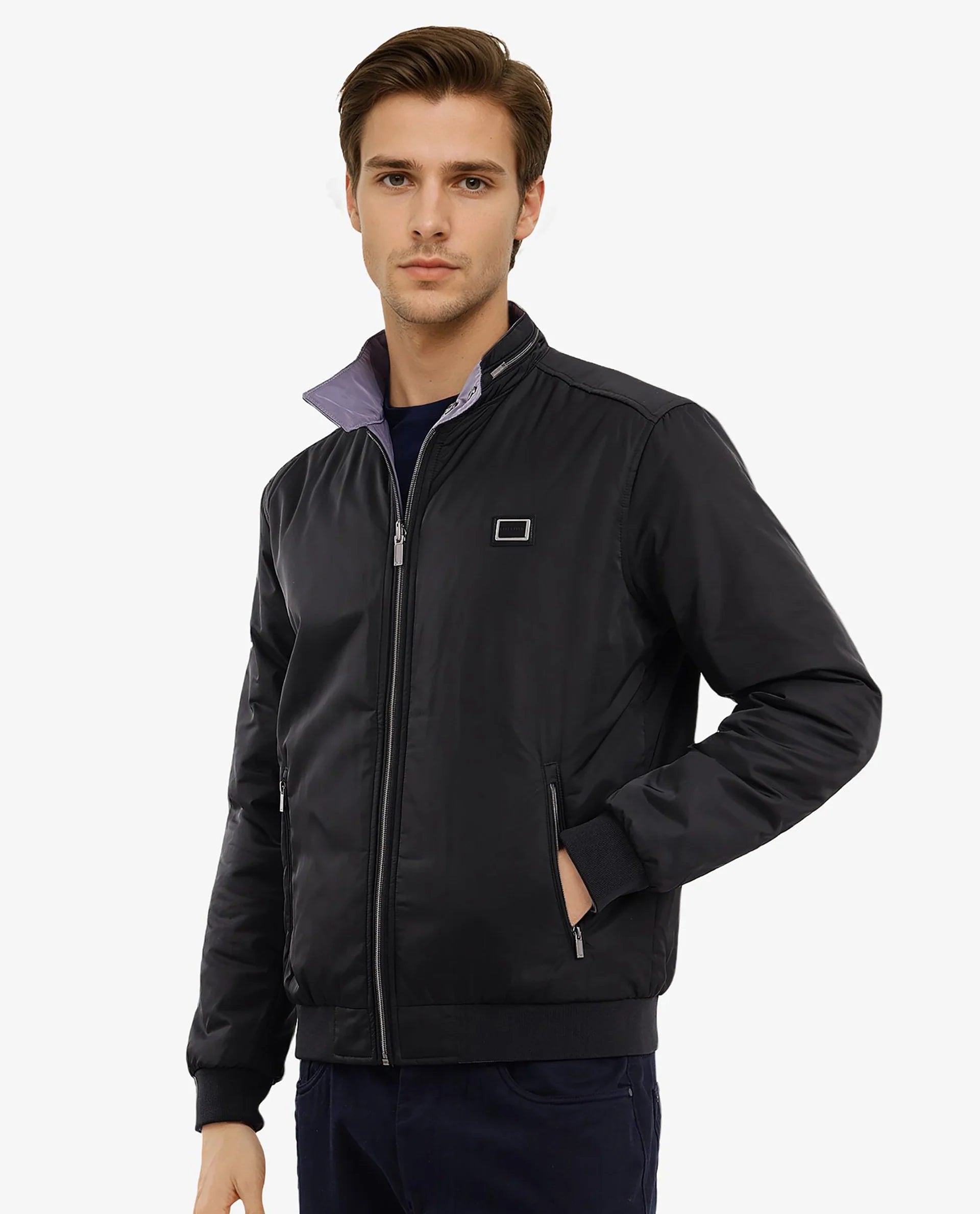 Rare Rabbit Men Royban-2 Black Polyester Fabric Full Sleeve High Neck Zipper Closure Plain Reversible Jacket