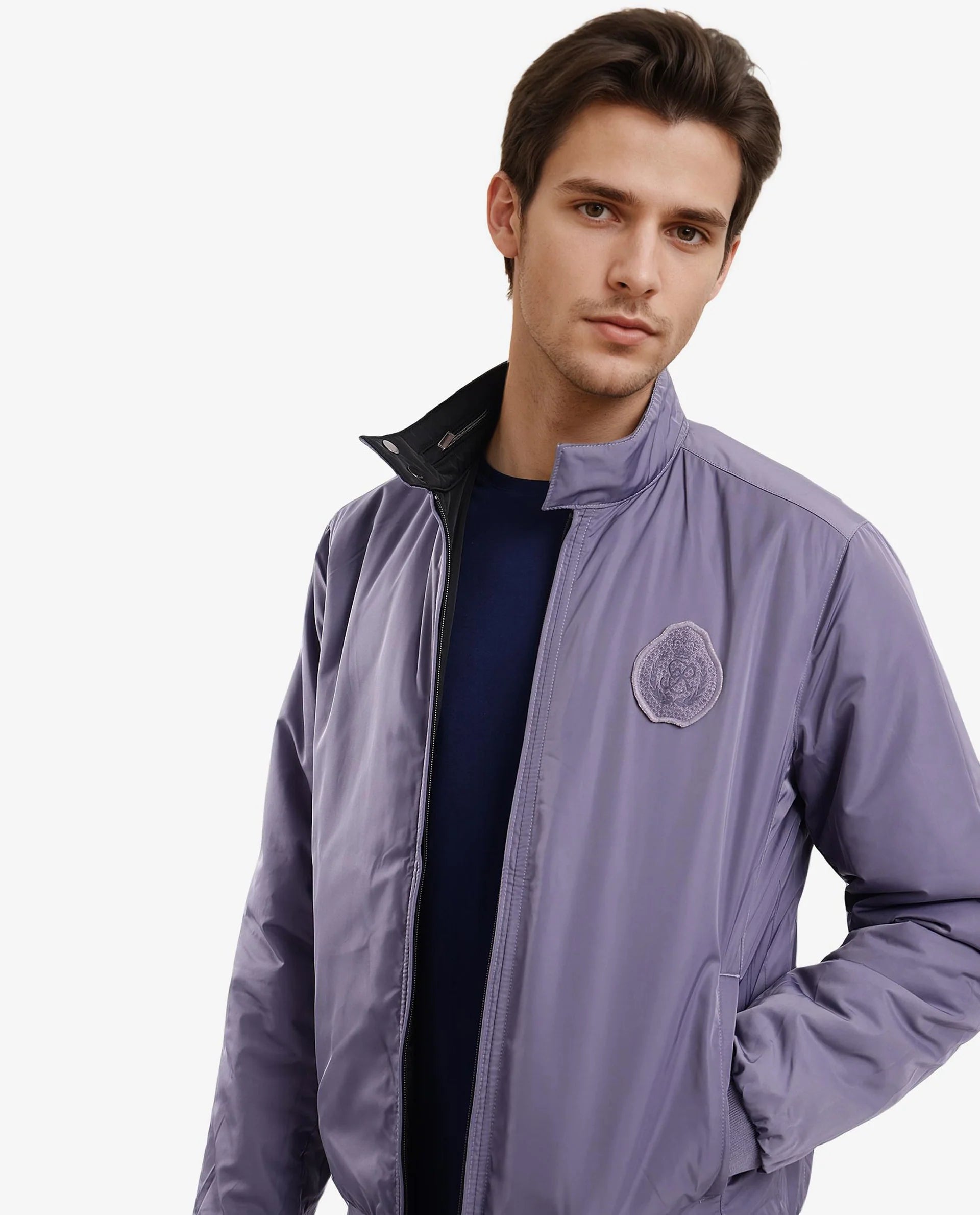 Rare Rabbit Men Royban-2 Black Polyester Fabric Full Sleeve High Neck Zipper Closure Plain Reversible Jacket