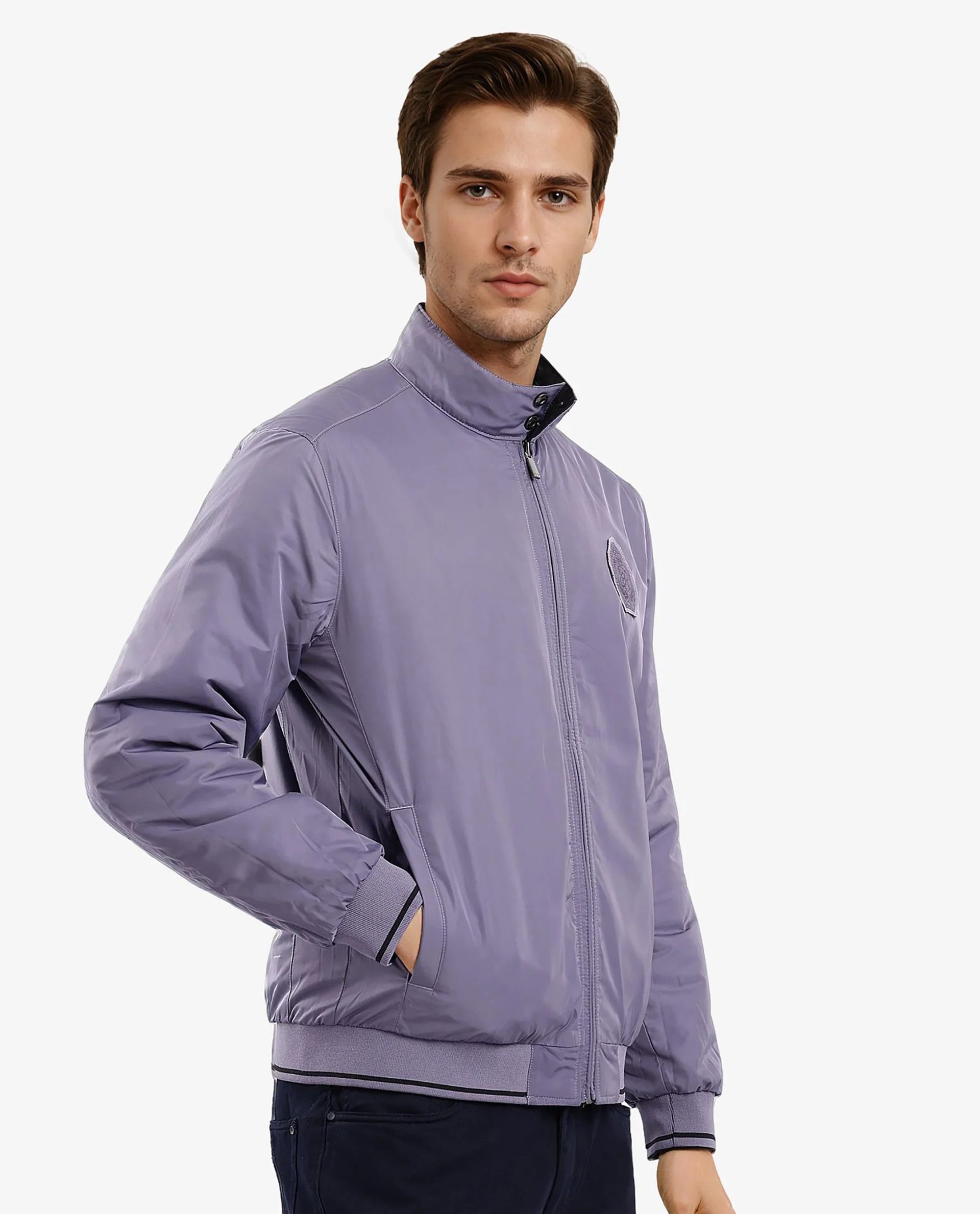 Rare Rabbit Men Royban-2 Black Polyester Fabric Full Sleeve High Neck Zipper Closure Plain Reversible Jacket