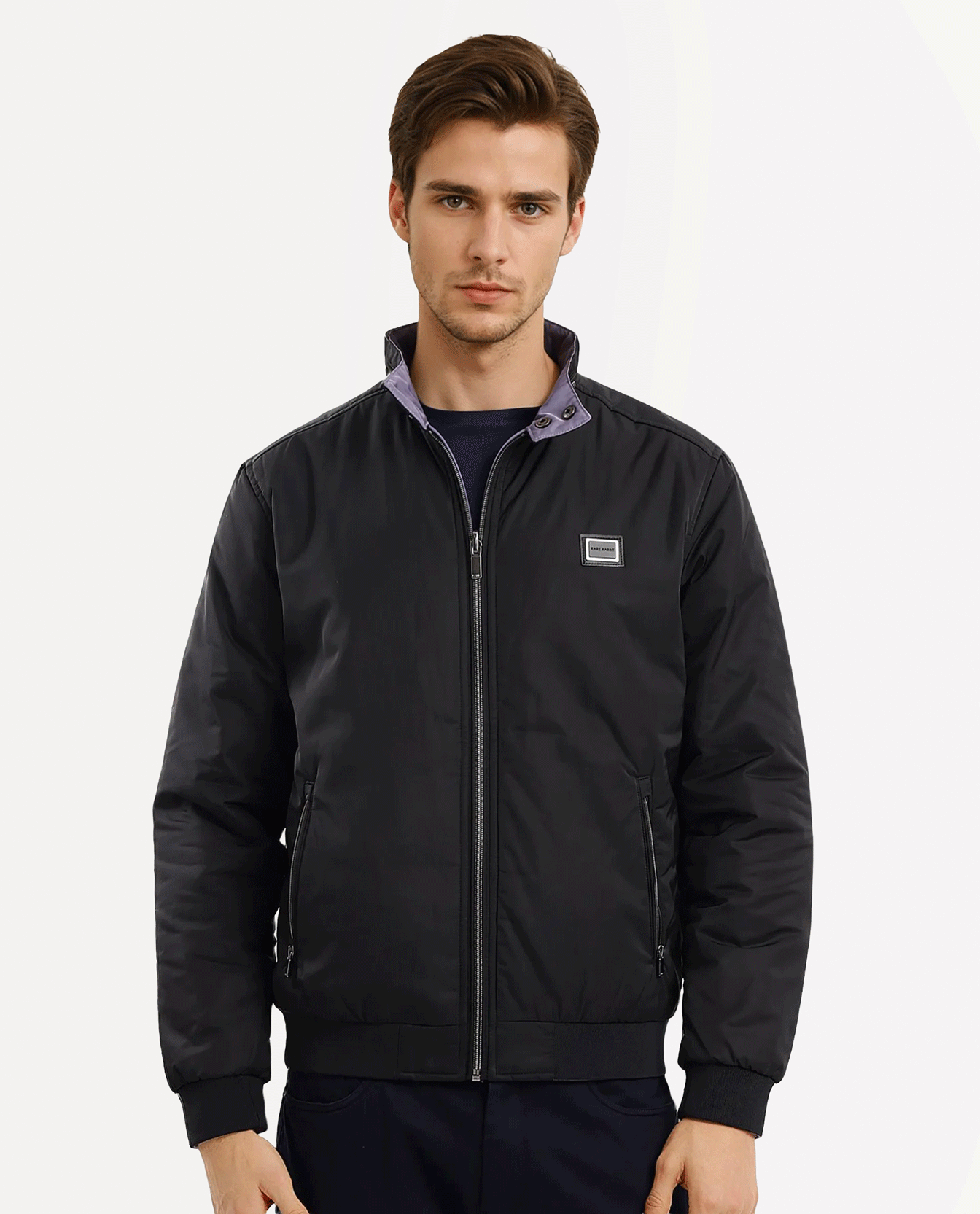 Rare Rabbit Men's Royban-2 Black Polyester Plain Regular Fit Full Sleeve High Neck Jacket
