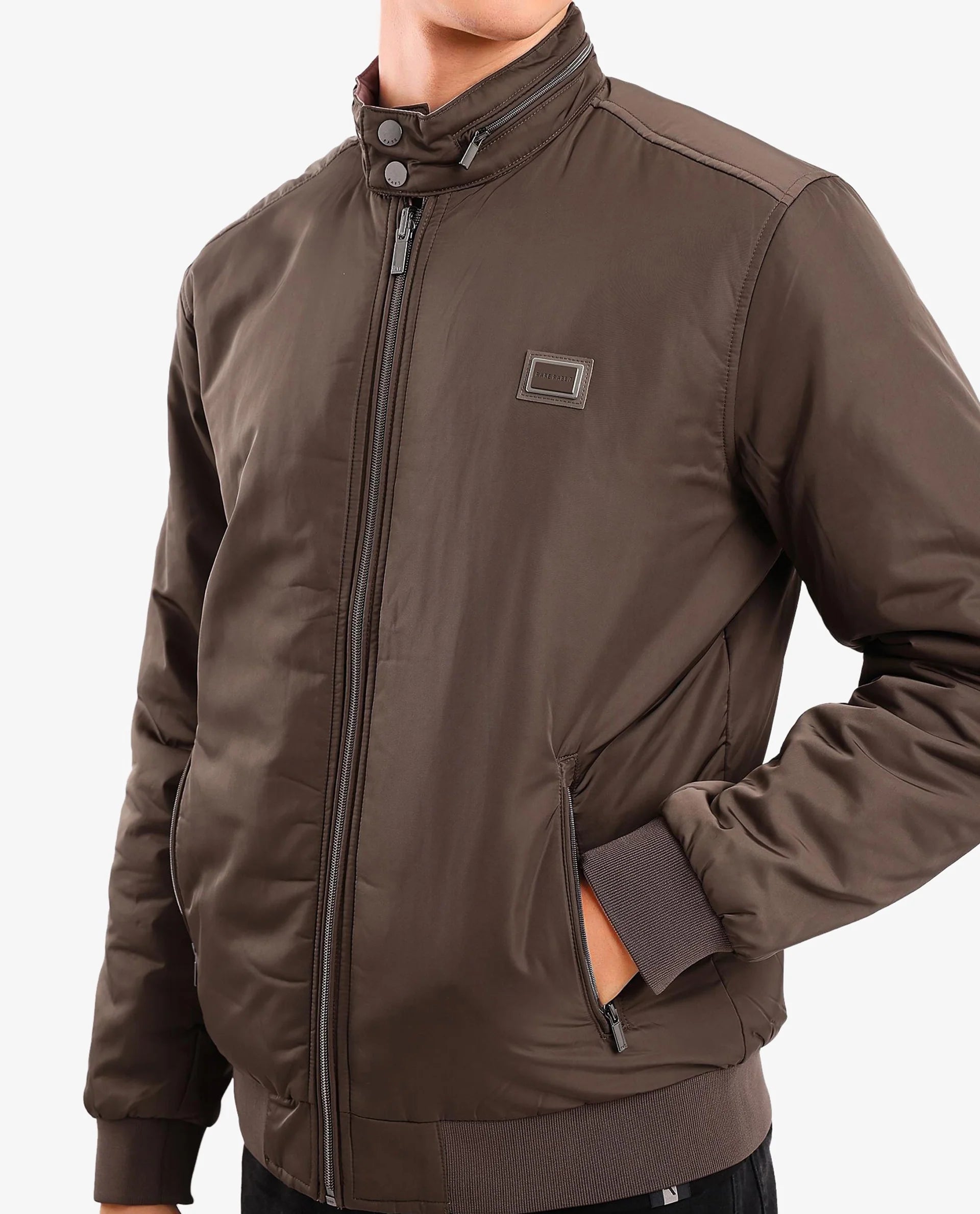 Rare Rabbit Men Royban-2 Olive Polyester Fabric Full Sleeve High Neck Zipper Closure Plain Reversible Jacket