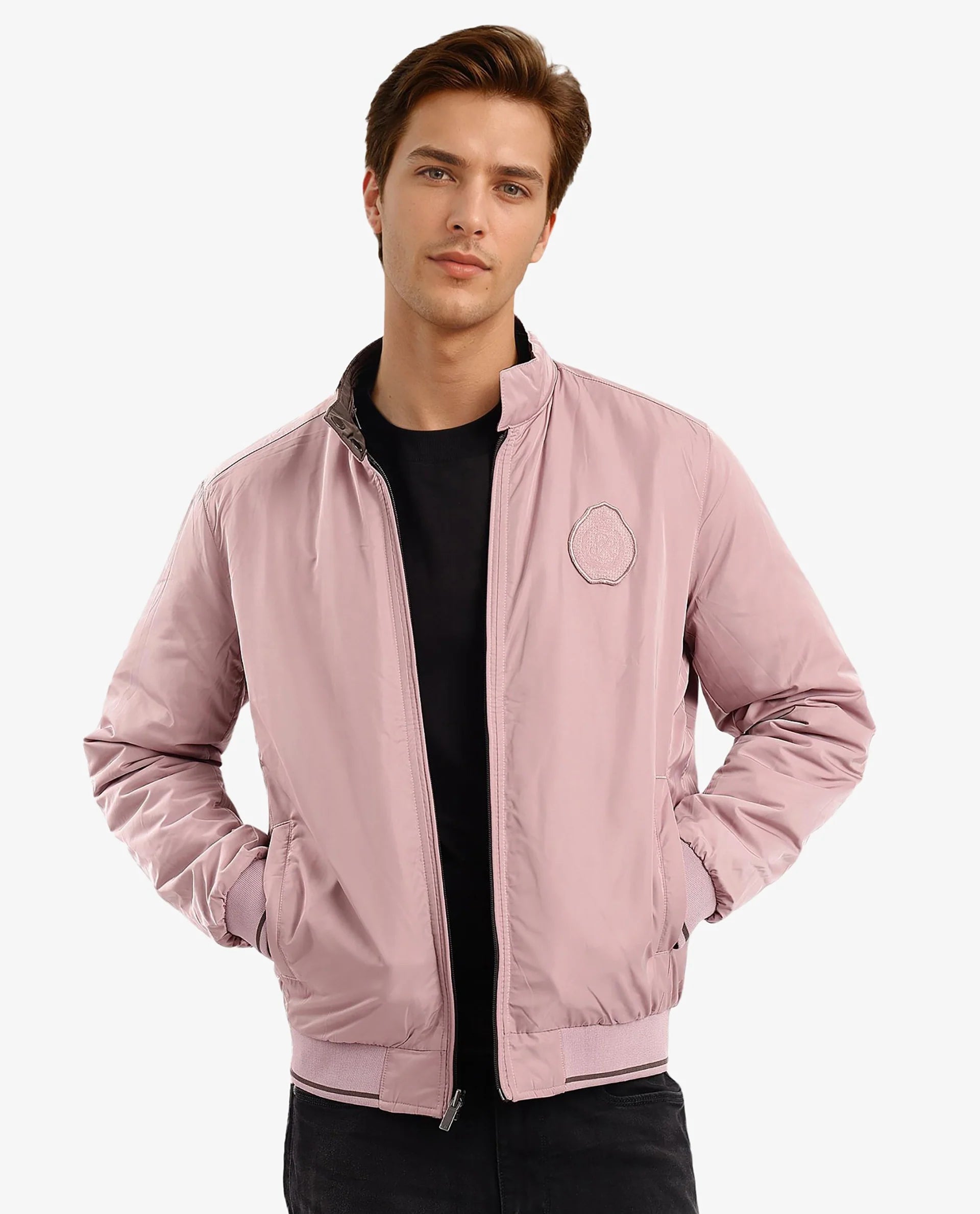 Rare Rabbit Men Royban-2 Olive Polyester Fabric Full Sleeve High Neck Zipper Closure Plain Reversible Jacket