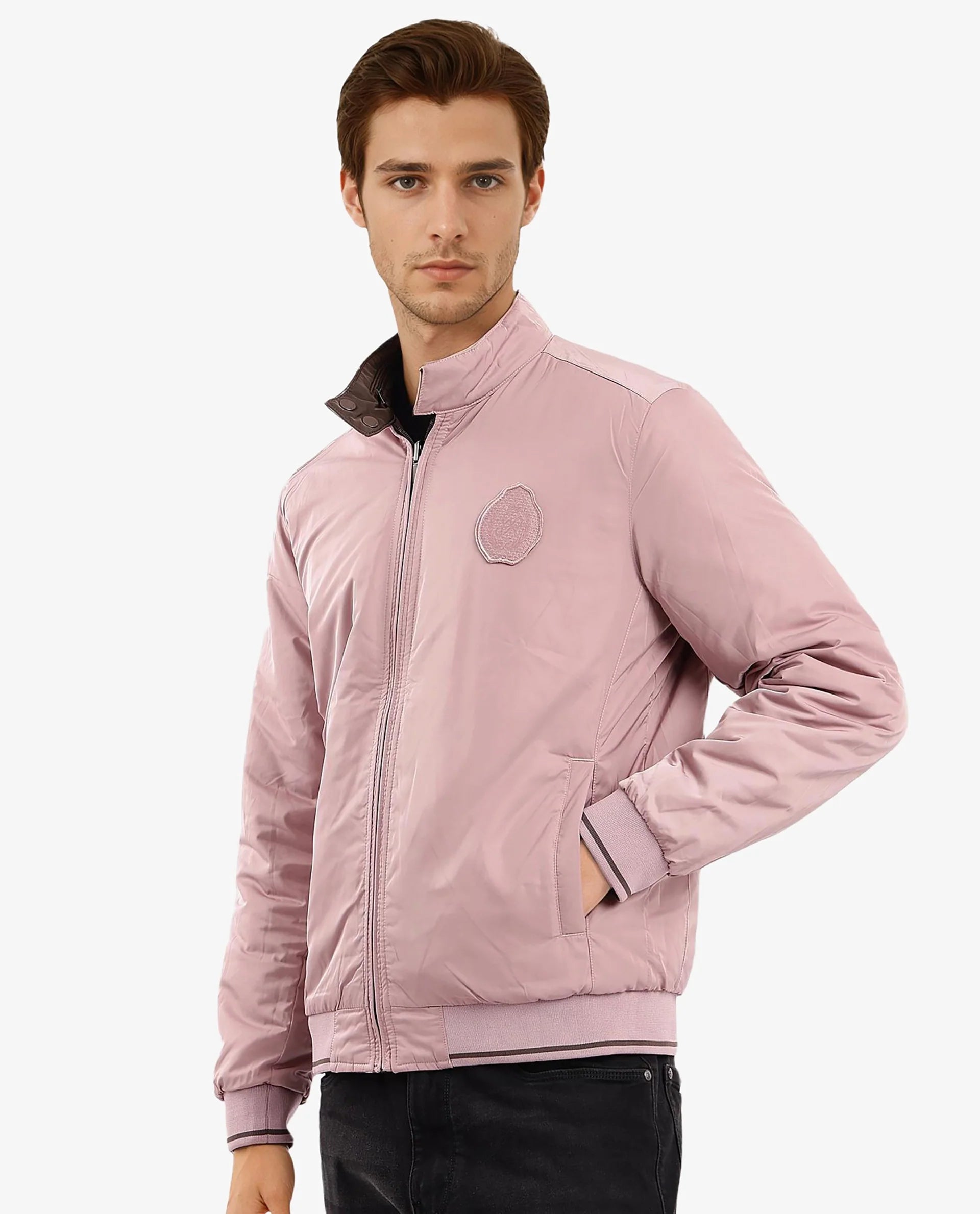 Rare Rabbit Men Royban-2 Olive Polyester Fabric Full Sleeve High Neck Zipper Closure Plain Reversible Jacket