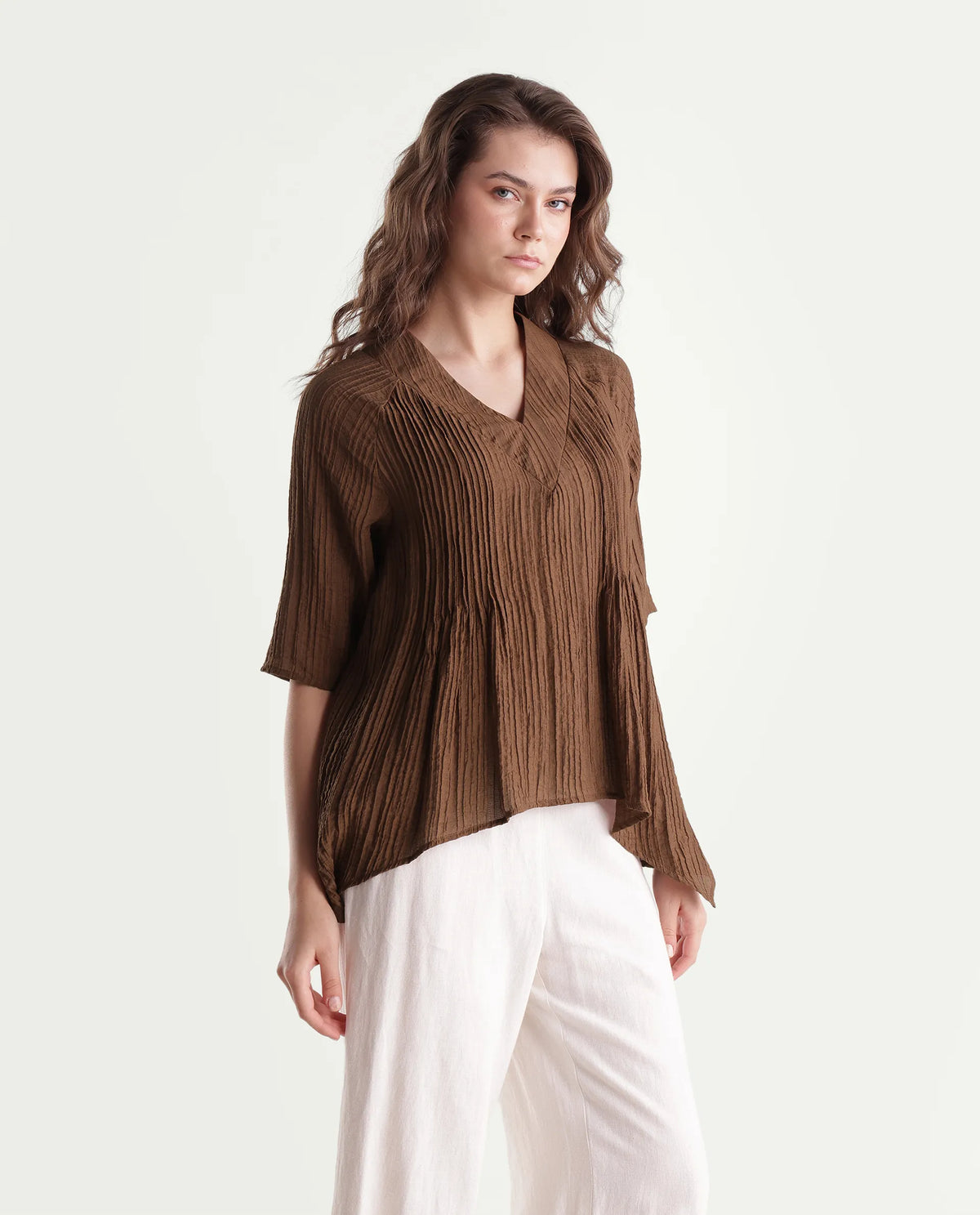 Rareism Women's Maruka Rust Polyester Blend V-Neck Plain Raglan Sleeve Regular Fit Top