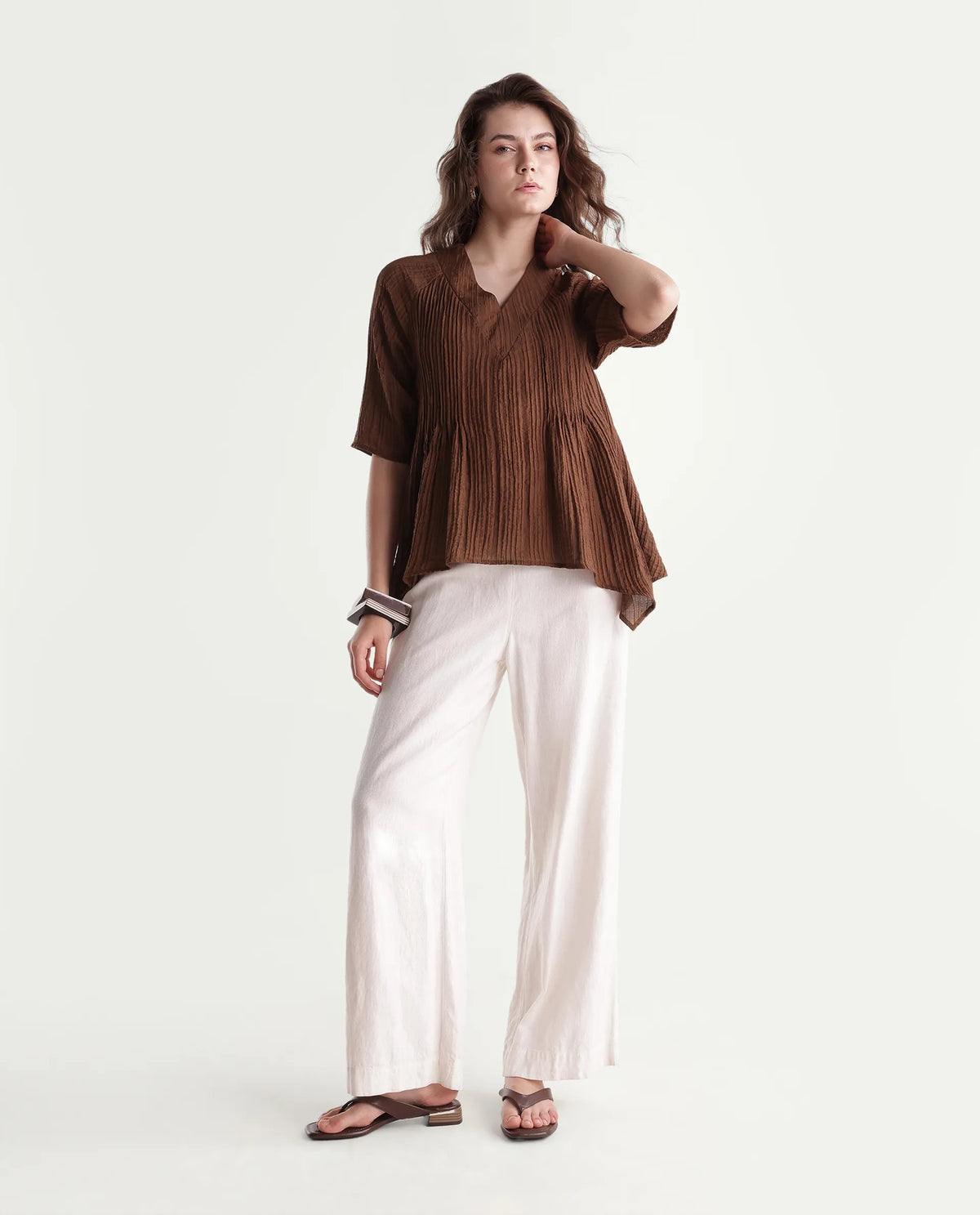 Rareism Women's Maruka Rust Polyester Blend V-Neck Plain Raglan Sleeve Regular Fit Top