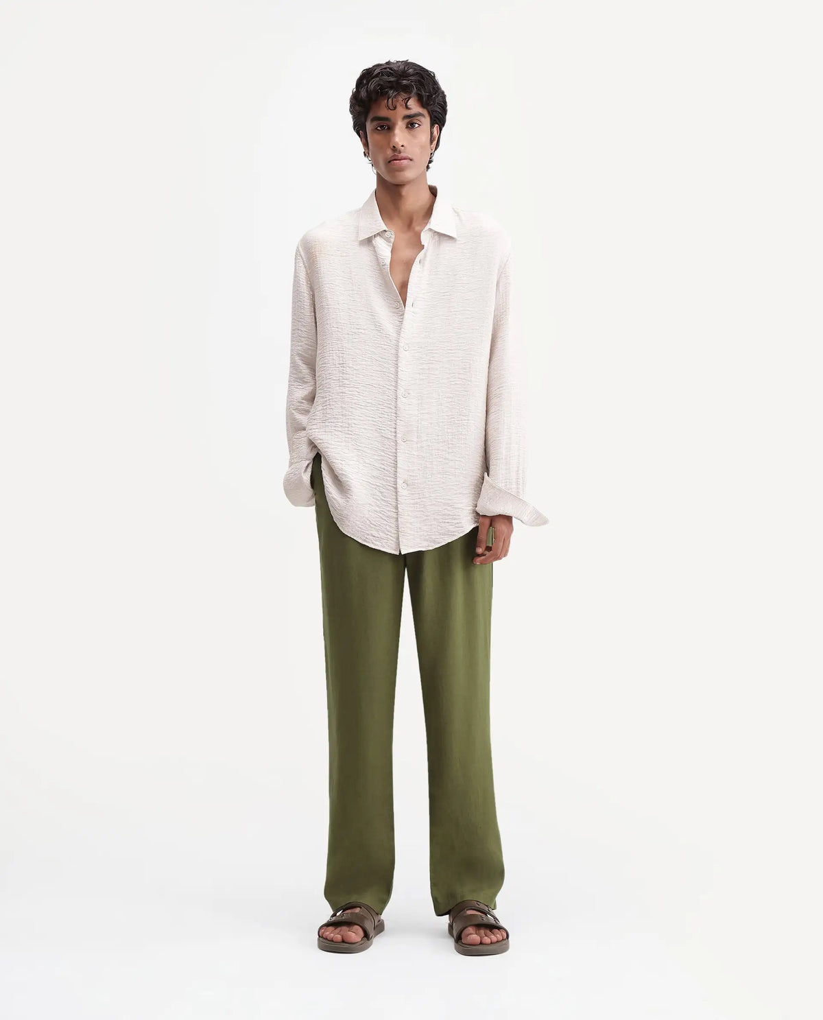 Rare Rabbit Men's Coft-B Olive Linen Blend Plain Loose Fit Trouser