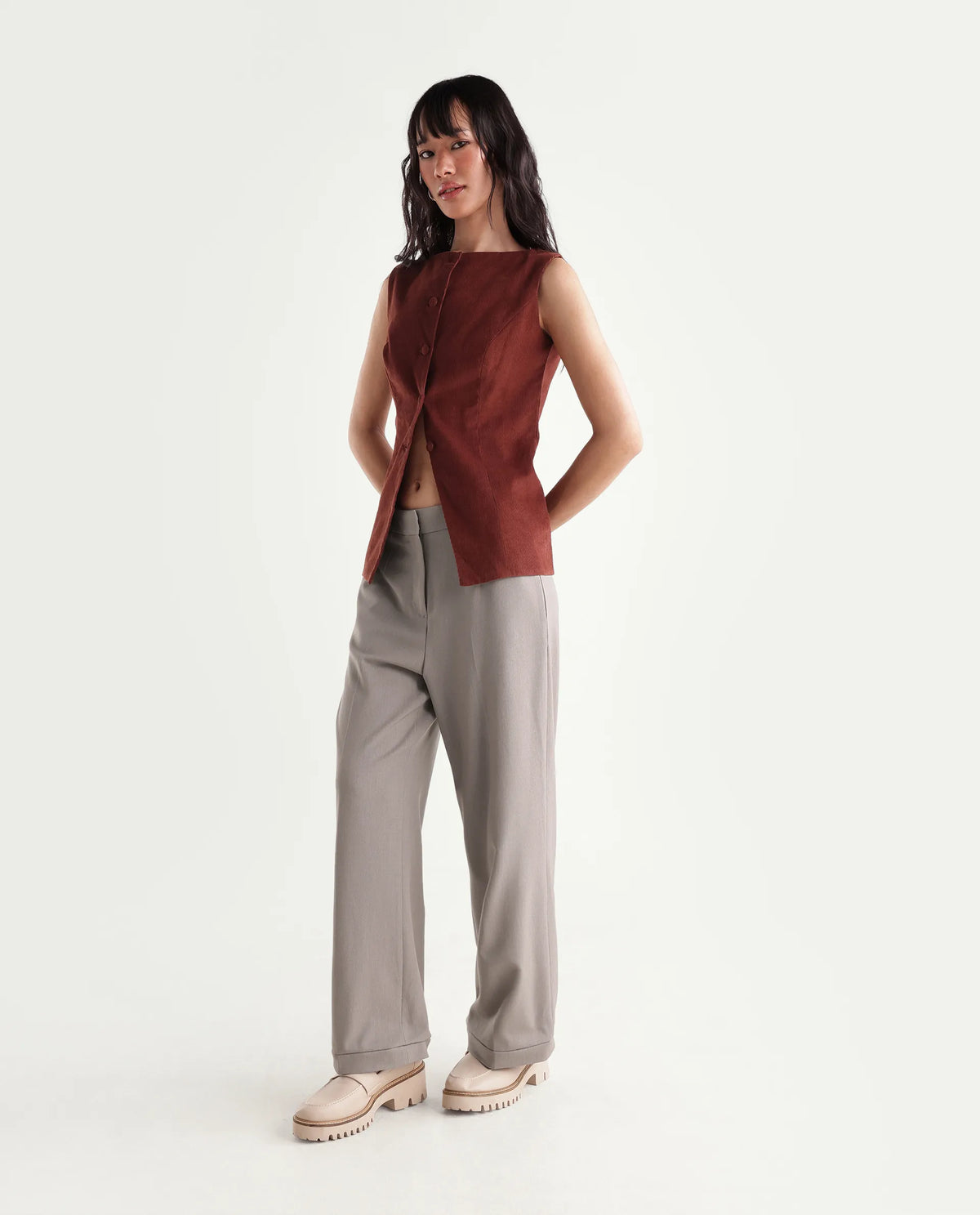 Rareism Women's Srait-Aw26 Fawn Polyester Blend Straight Plain Trouser