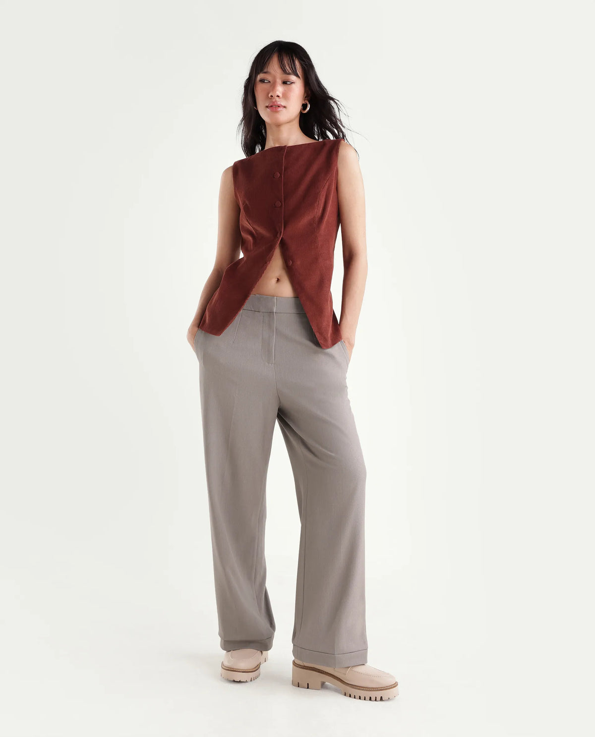 Rareism Women's Srait-Aw26 Fawn Polyester Blend Straight Plain Trouser