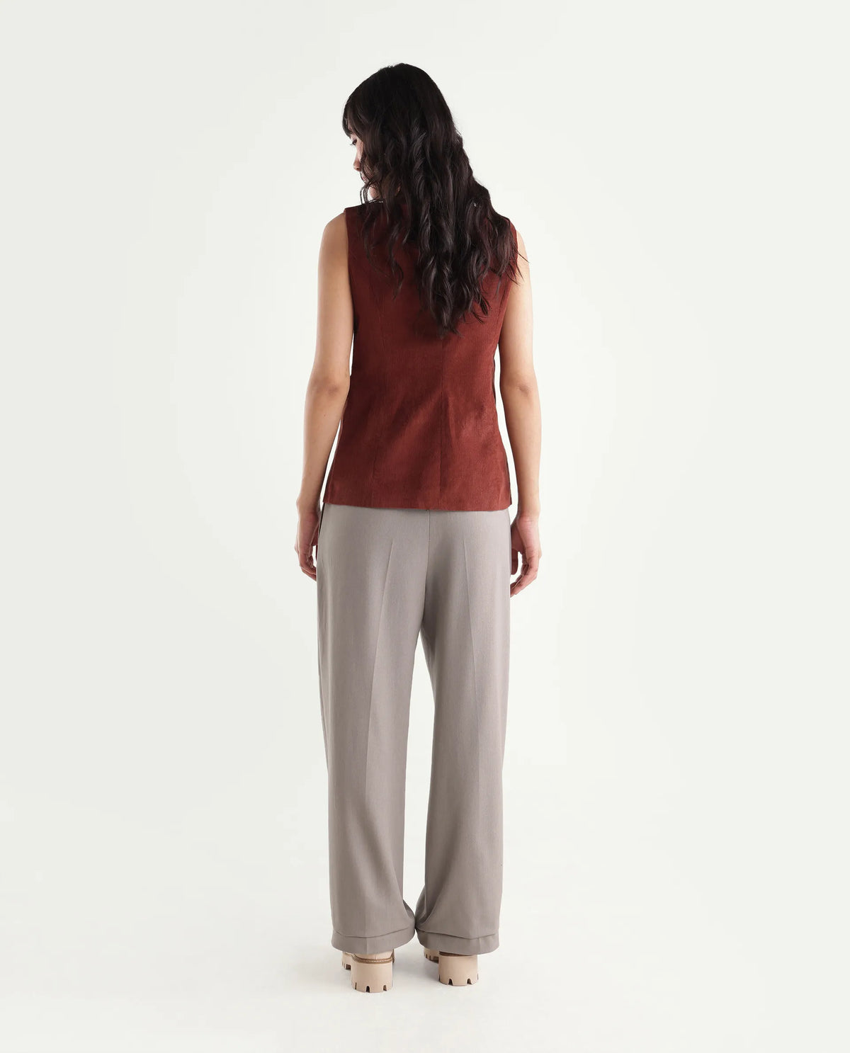 Rareism Women's Srait-Aw26 Fawn Polyester Blend Straight Plain Trouser
