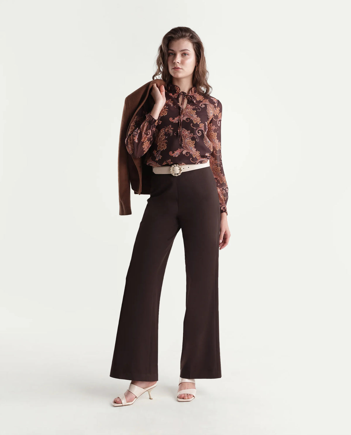 Rareism Women's Widy-Aw26 Brown Polyester Blend Wide Plain Trouser