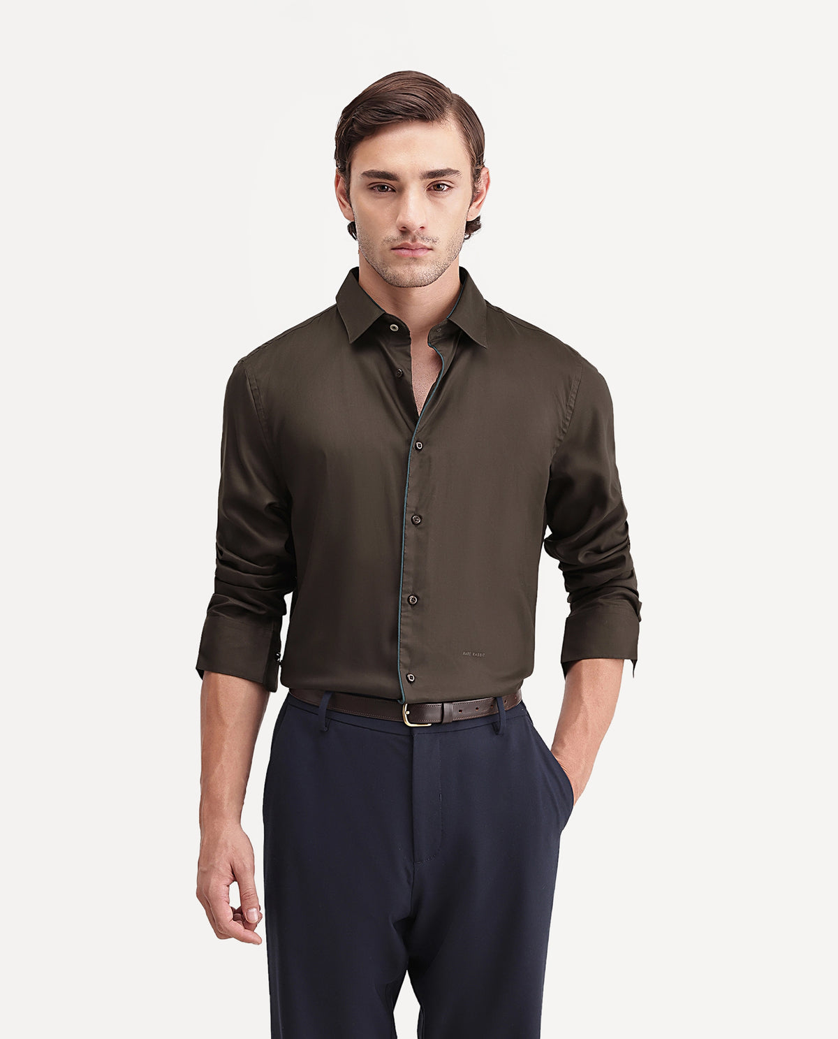 Rare Rabbit Men's Rhine Dark Brown Tencel Spread Collar Regular Fit Plain Shirt
