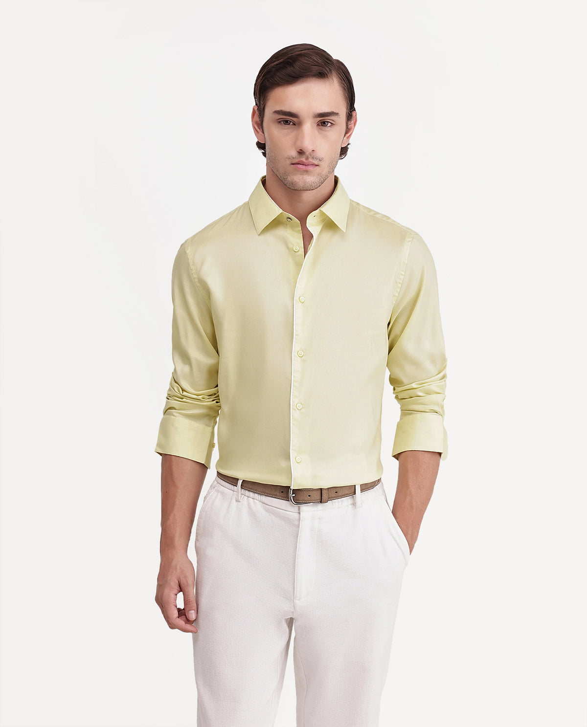 Rare Rabbit Men's Rhine Light Yellow Tencel Spread Collar Regular Fit Plain Shirt