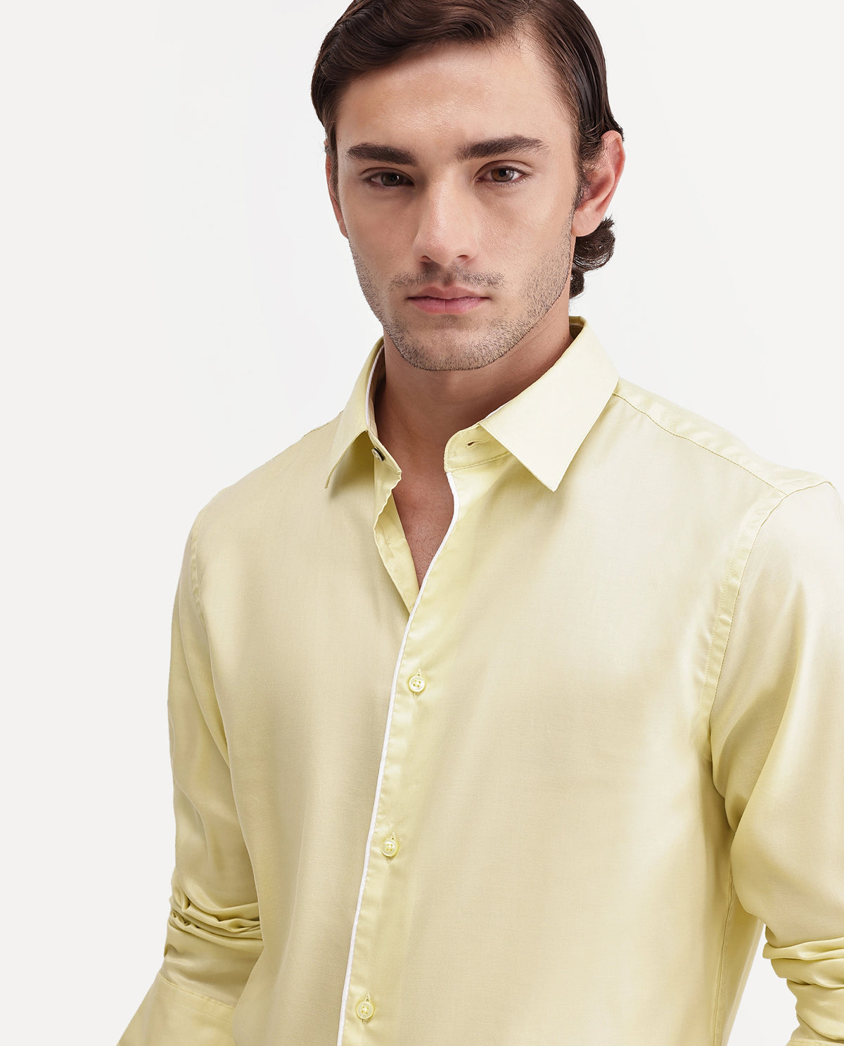 Rare Rabbit Men's Rhine Light Yellow Tencel Spread Collar Regular Fit Plain Shirt