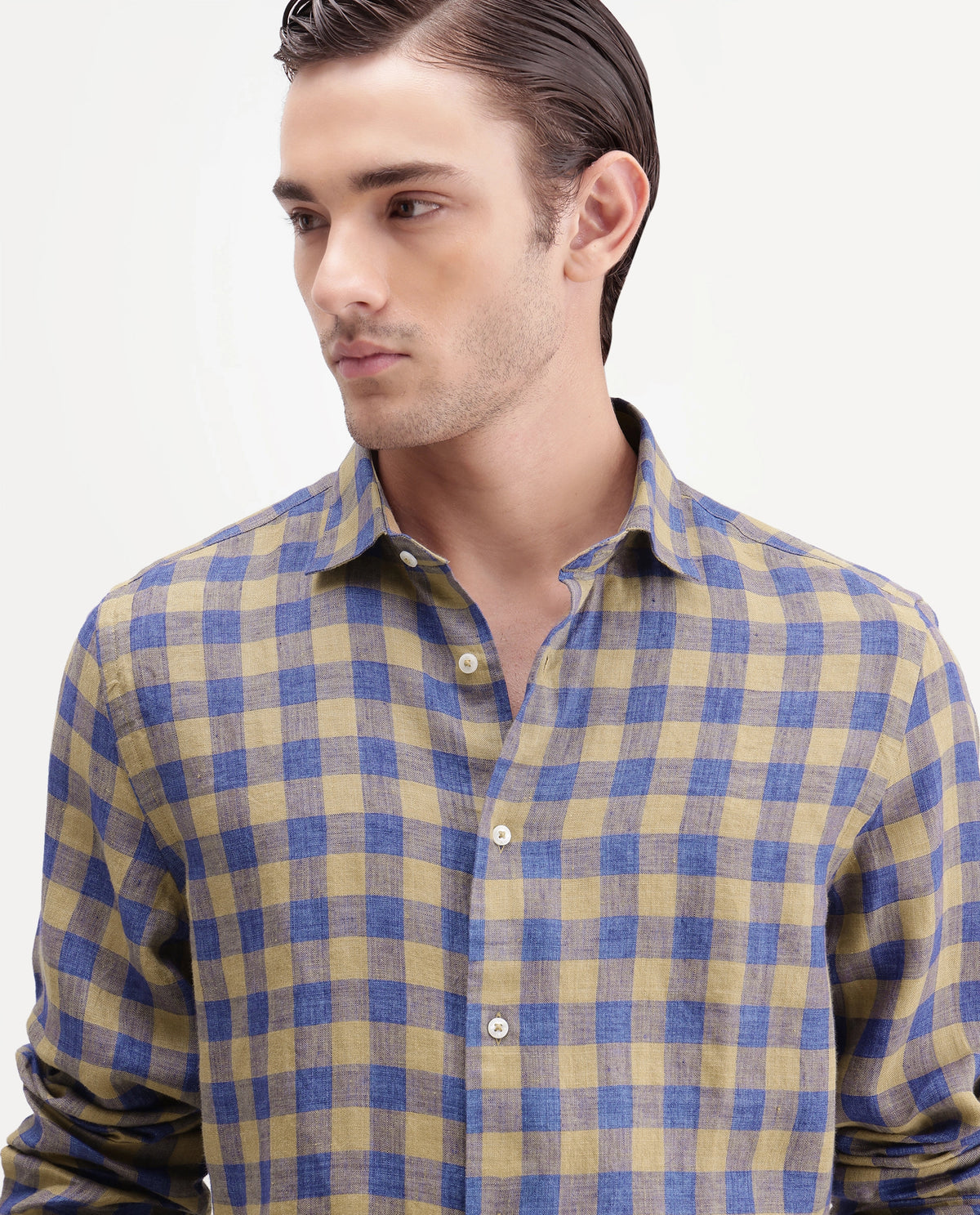 Rare Rabbit Men's Franz Khaki 100% Linen Spread Collar Regular Fit Checked Shirt