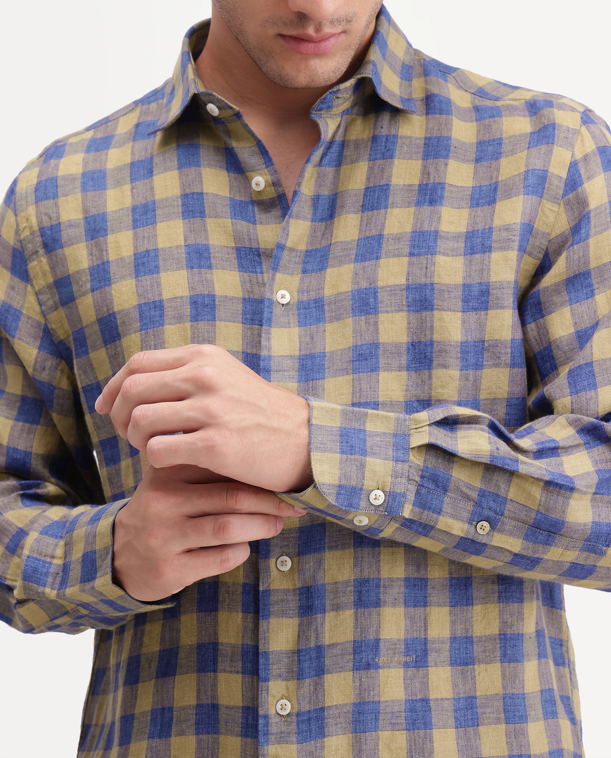 Rare Rabbit Men's Franz Khaki 100% Linen Spread Collar Regular Fit Checked Shirt