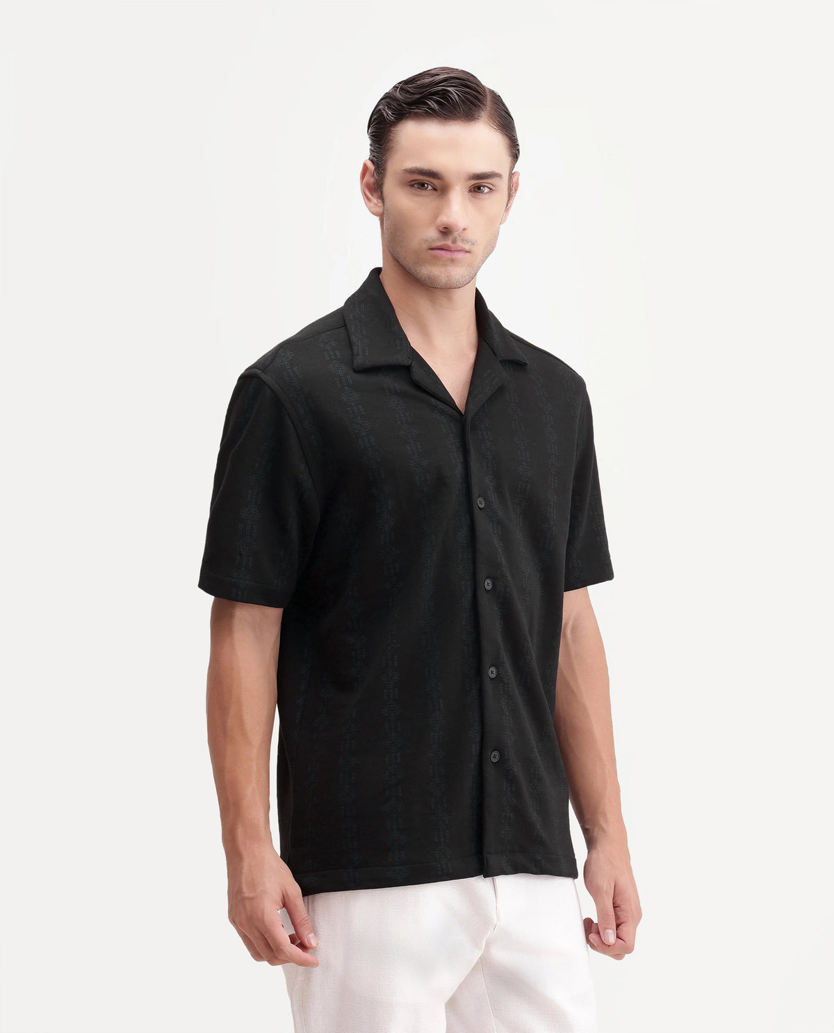 Rare Rabbit Men's Morse Black Cotton Blend Spread Collar Regular Fit Jacquard Shirt