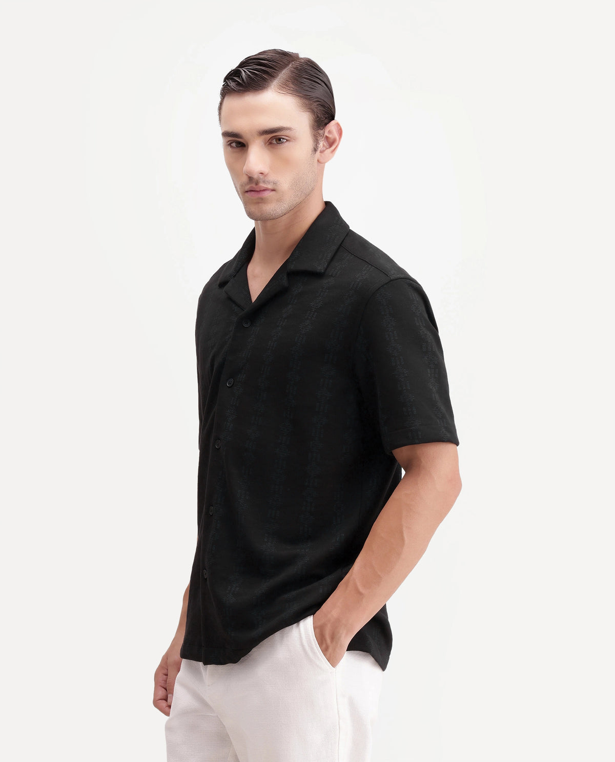 Rare Rabbit Men's Morse Black Cotton Blend Spread Collar Regular Fit Jacquard Shirt