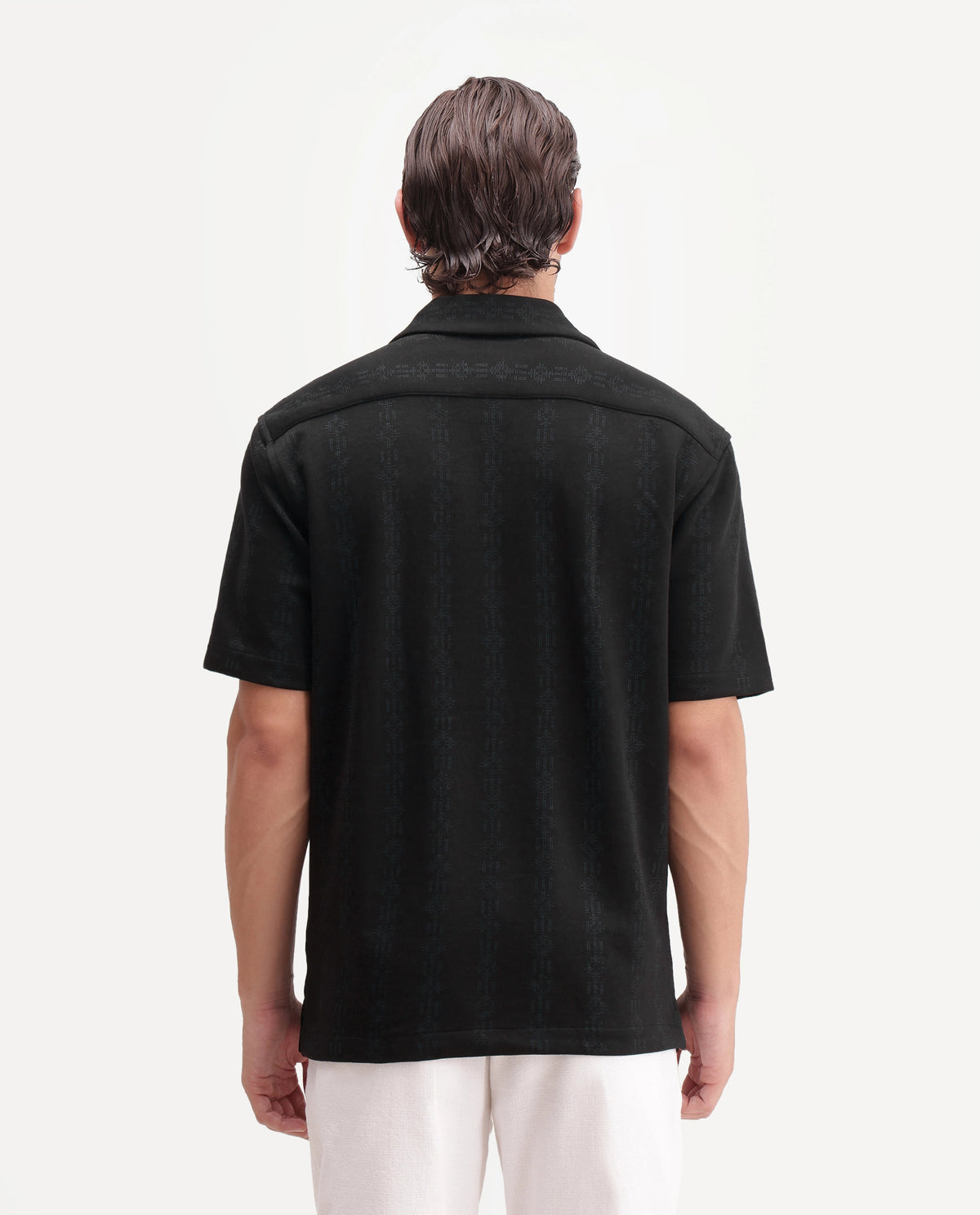 Rare Rabbit Men's Morse Black Cotton Blend Spread Collar Regular Fit Jacquard Shirt