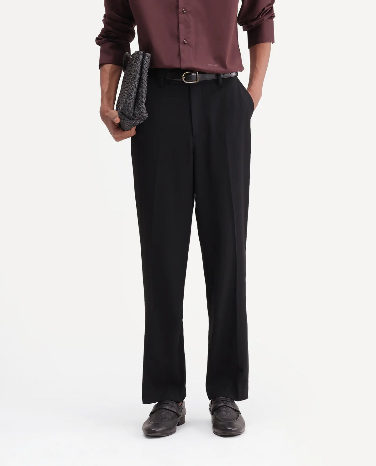 Rare Rabbit Men's State Black Polyester Blend Regular Fit Plain Trouser